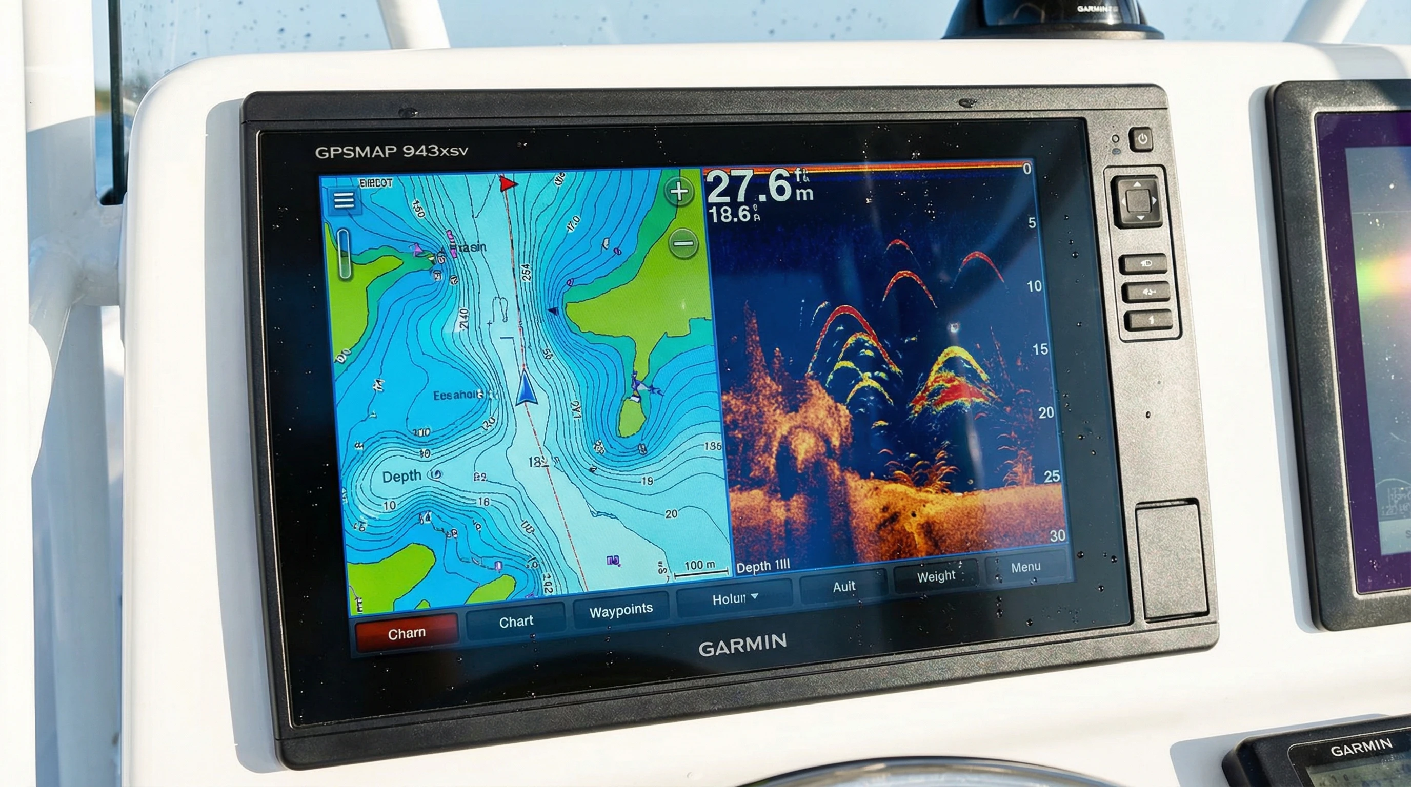 Wide shot of GPSMAP 943xsv sonar screens displaying underwater structure and fish