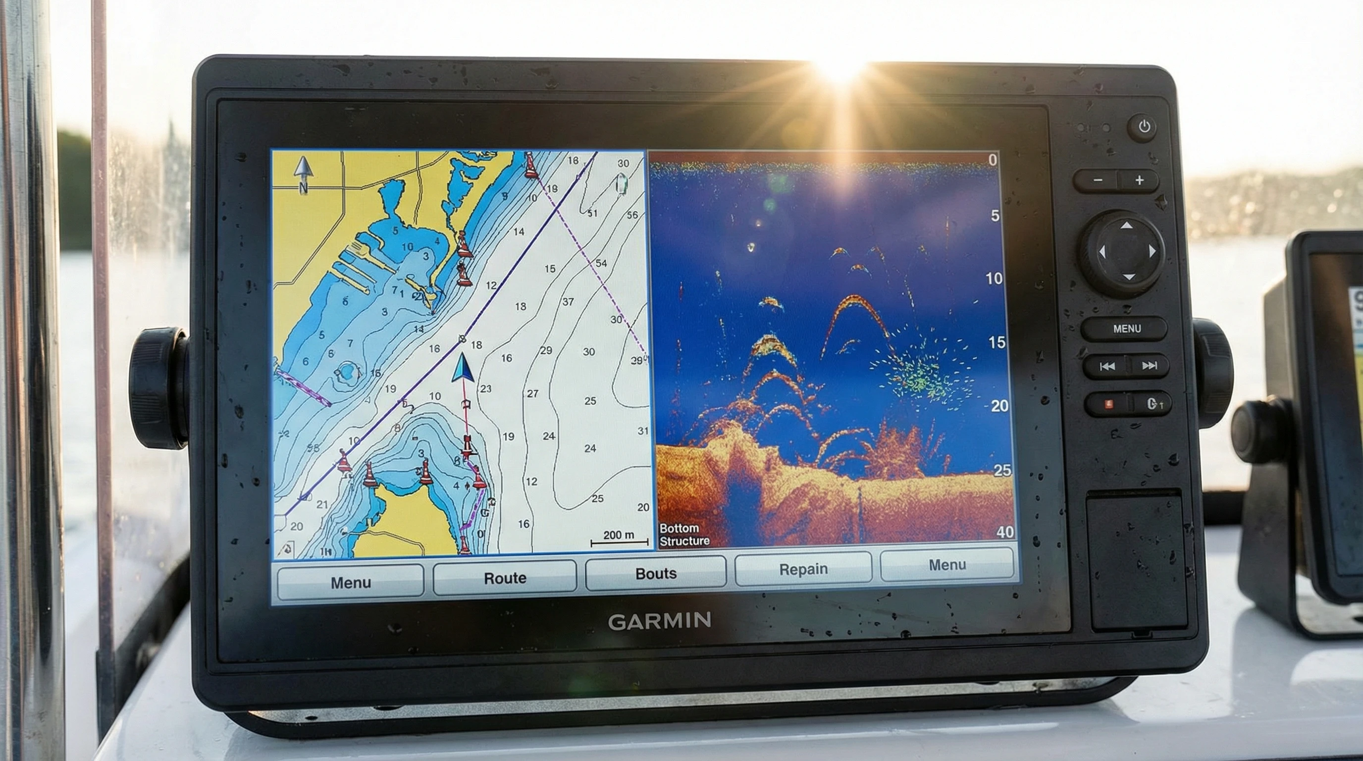 Close-up of Garmin GPSMAP 1022 showing split-screen view of map and sonar data