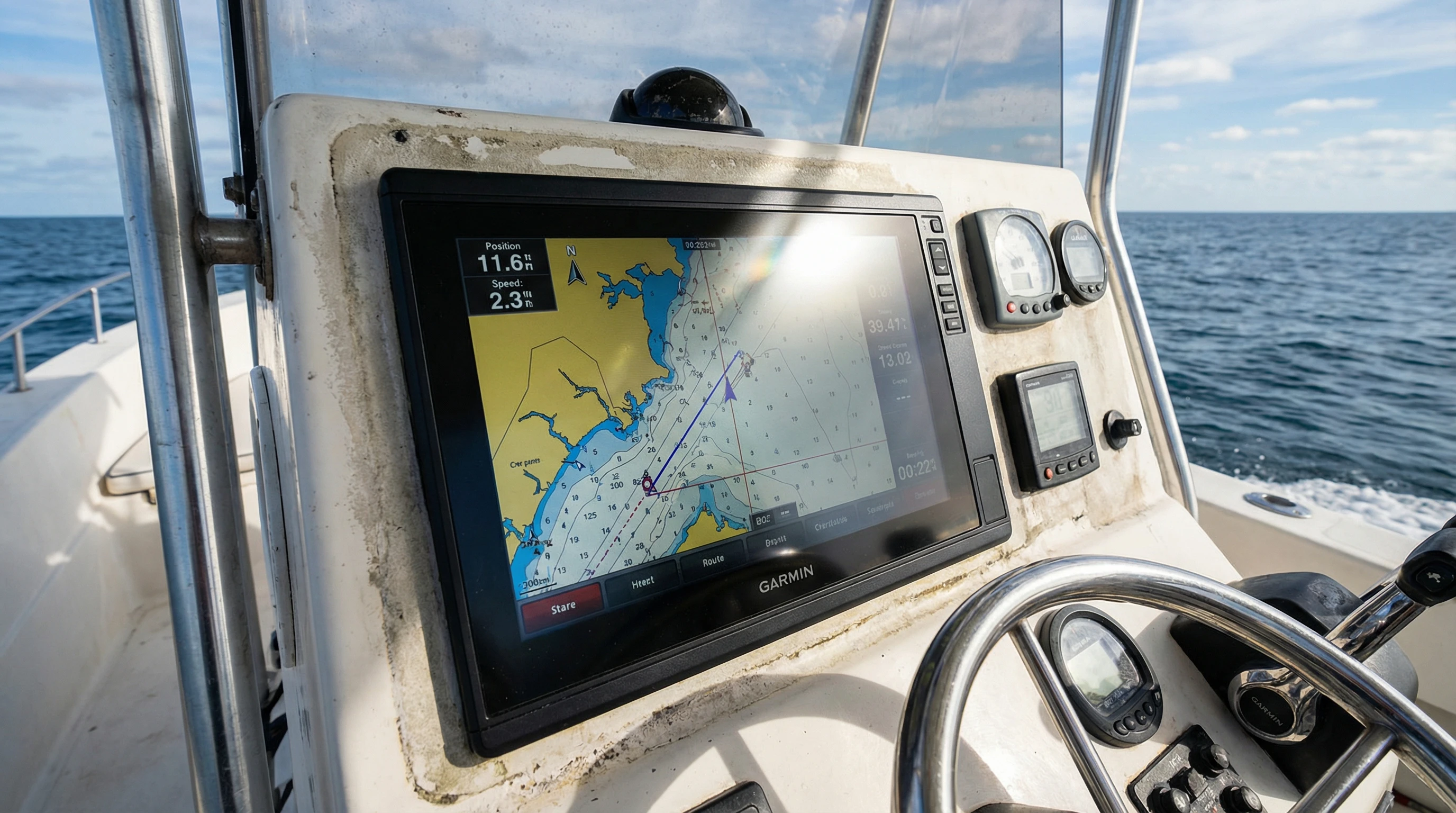 Garmin GPSMAP 1022 unit installed on a boat console, powered on, showing navigation data on its screen.