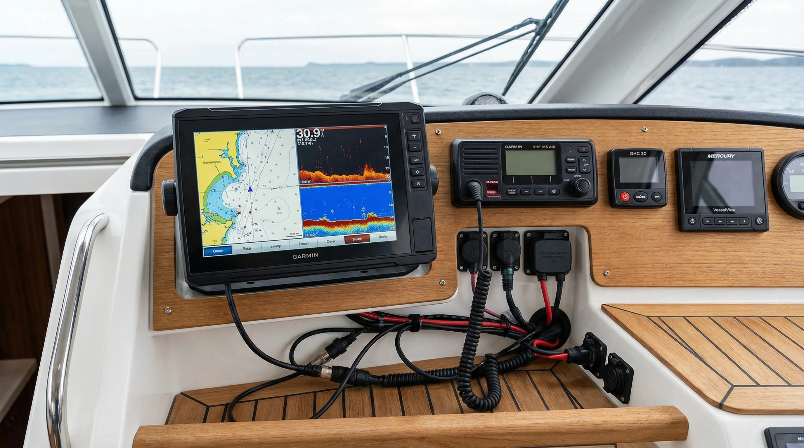 Garmin GPSMAP 1022 connected to additional marine electronics on a dashboard