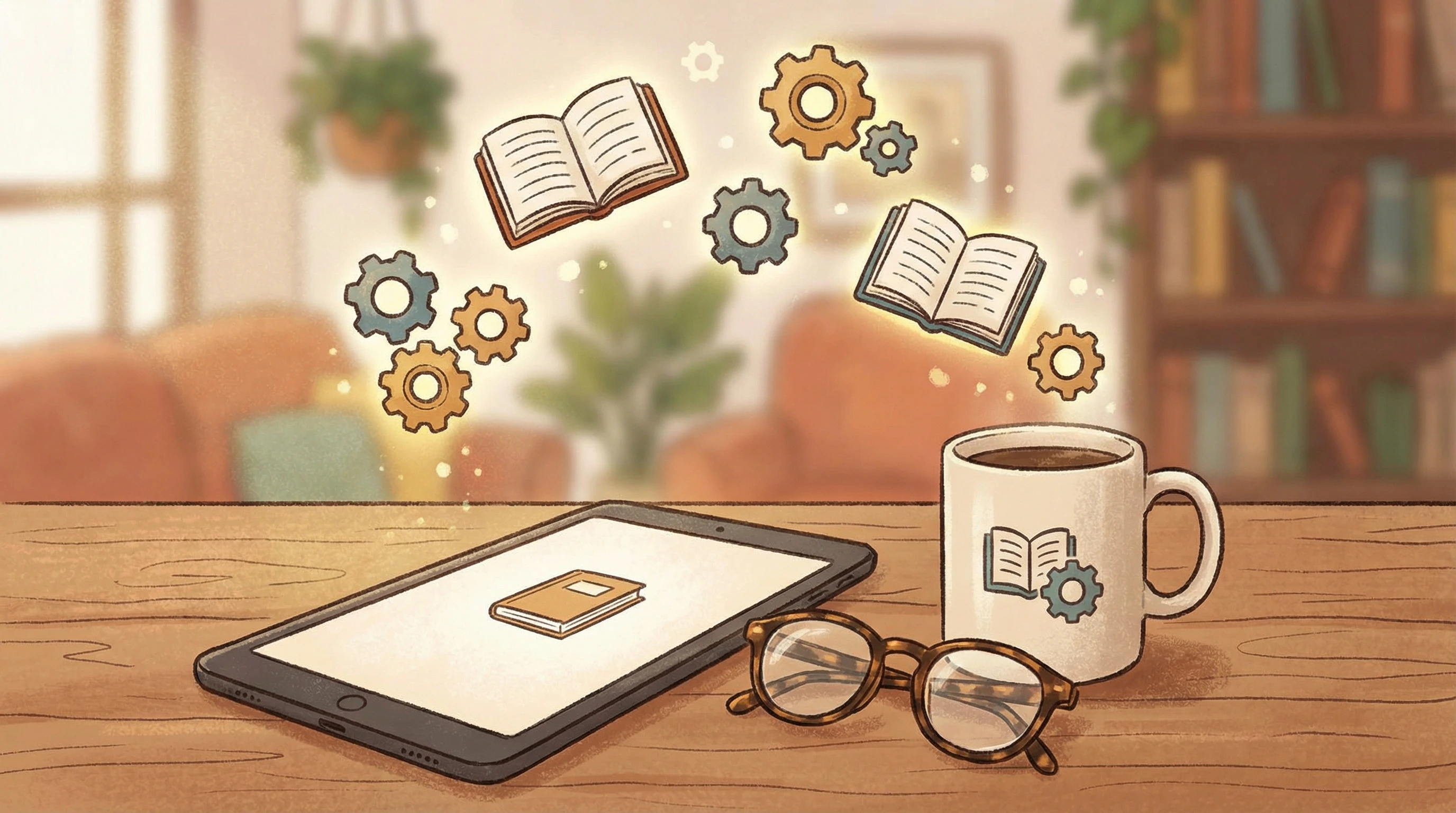 A simple digital illustration of a tablet and classic reading glasses beside a mug, with icons of books and gears floating, all on a soft background