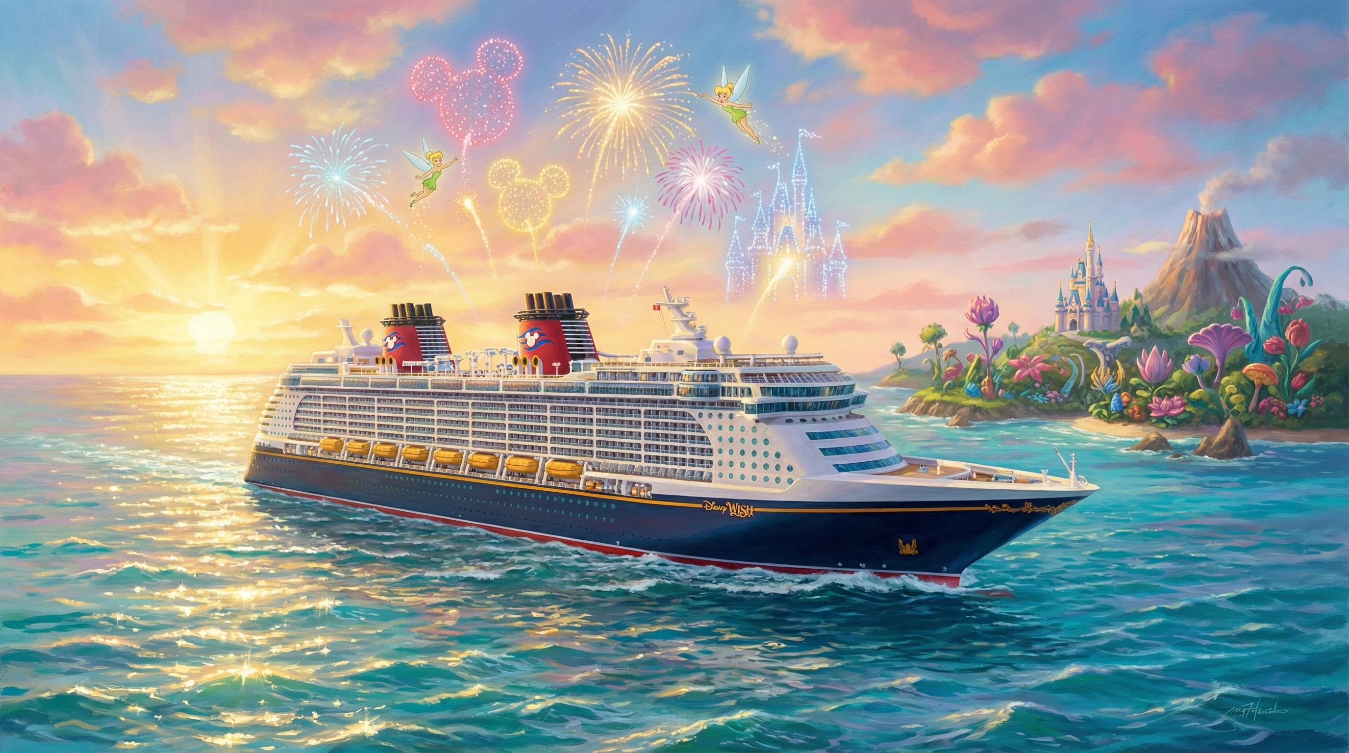 A brightly colored Disney cruise ship sailing on the ocean at sunrise, flanked by sparkling waves and small magical details like animated fireworks above the deck.