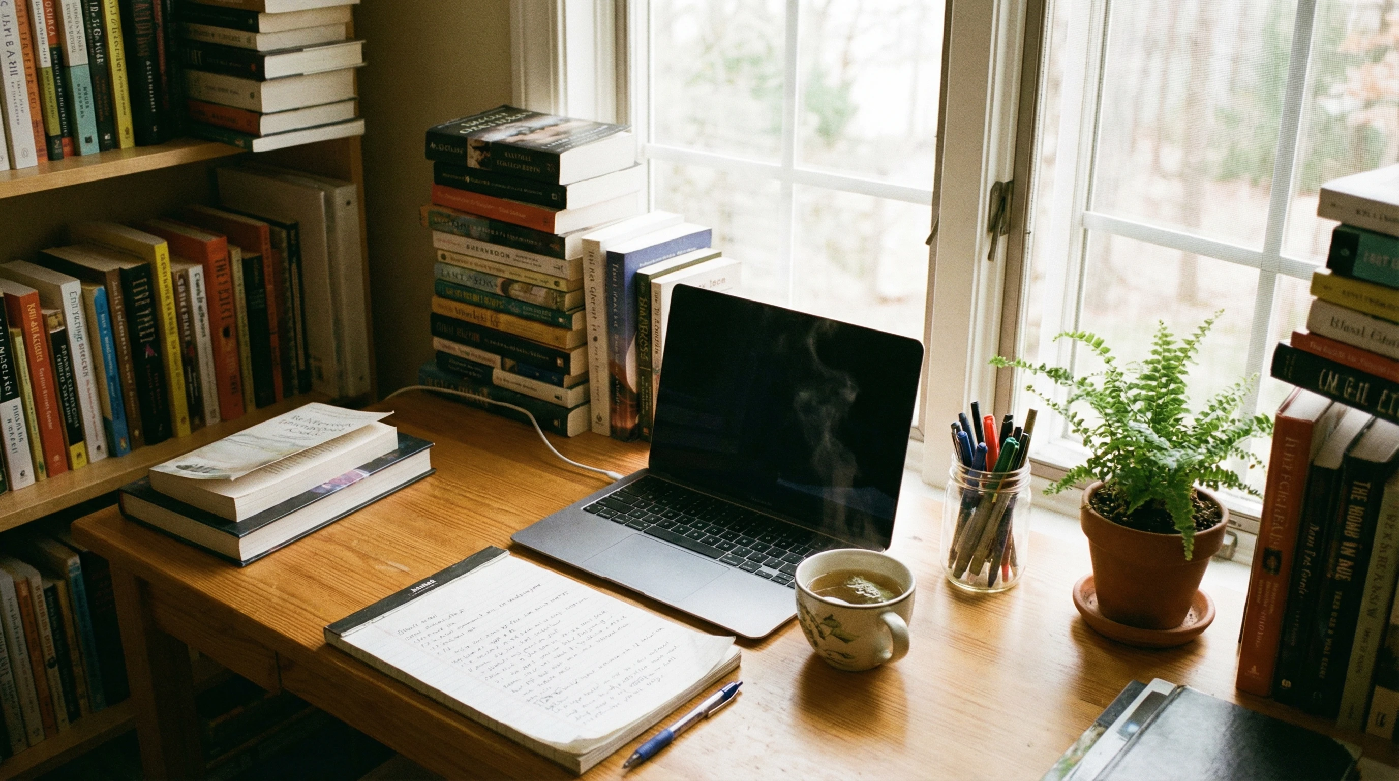 Illustration of a tidy desk filled with books, notepads, pens, a coffee mug, and a classic desktop clock