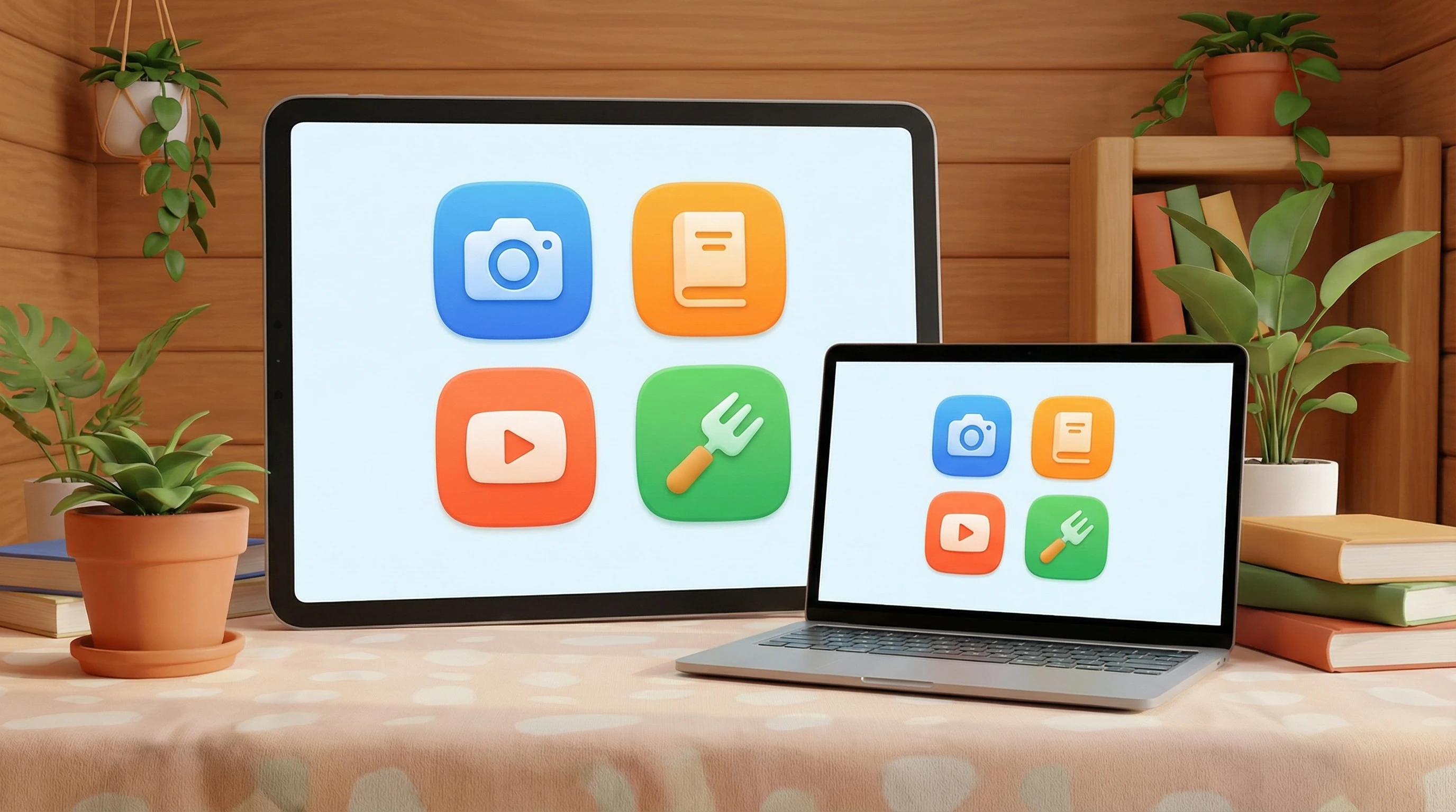 A colorful digital classroom with large, easy-to-read icons and intuitive navigation, designed for senior learners. The atmosphere is bright and inviting, with digital learning devices, plants, and books in the background.