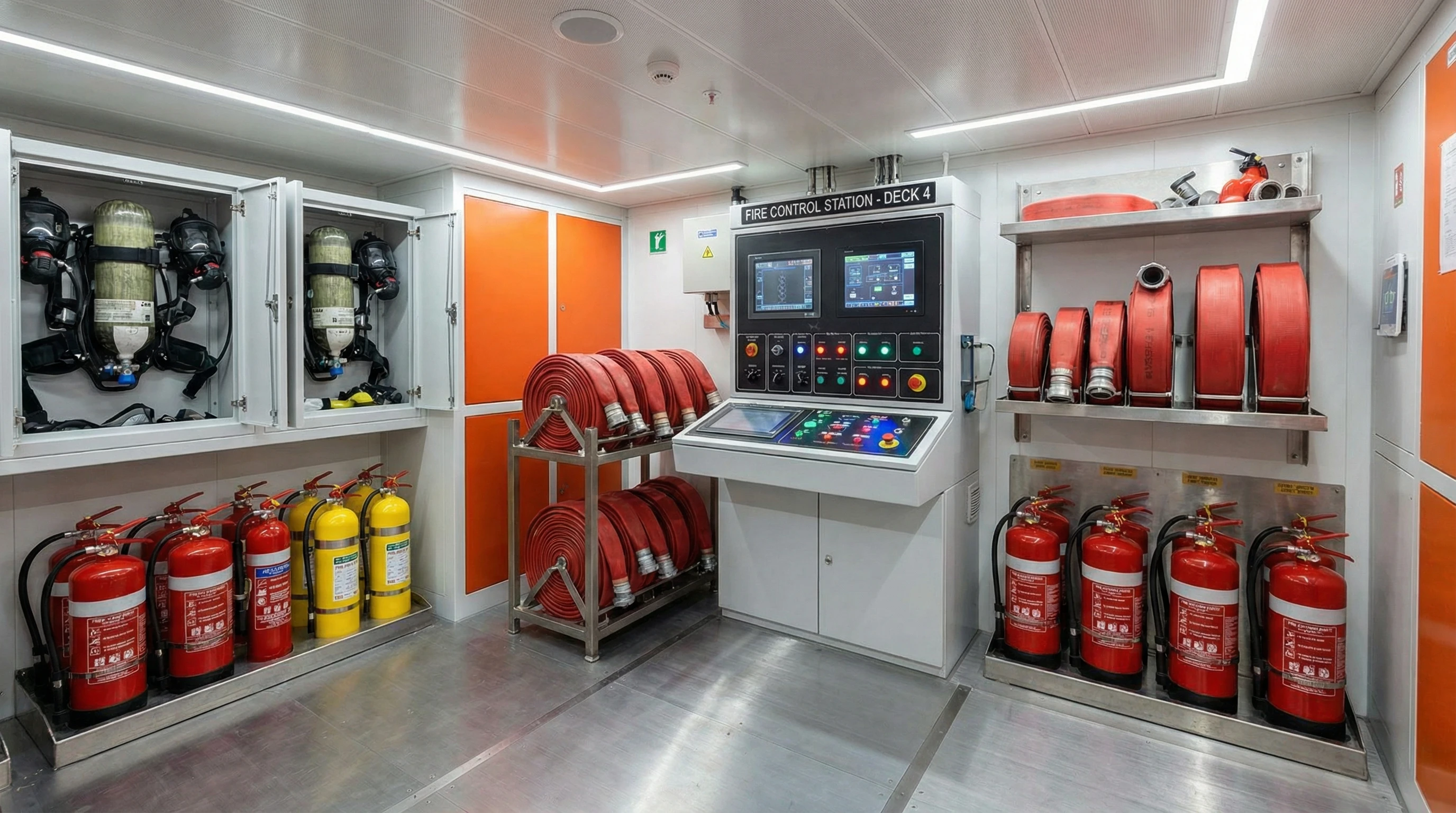 A modern ship's firefighting control center, showing hoses, extinguishers, and emergency lighting in an engine room.