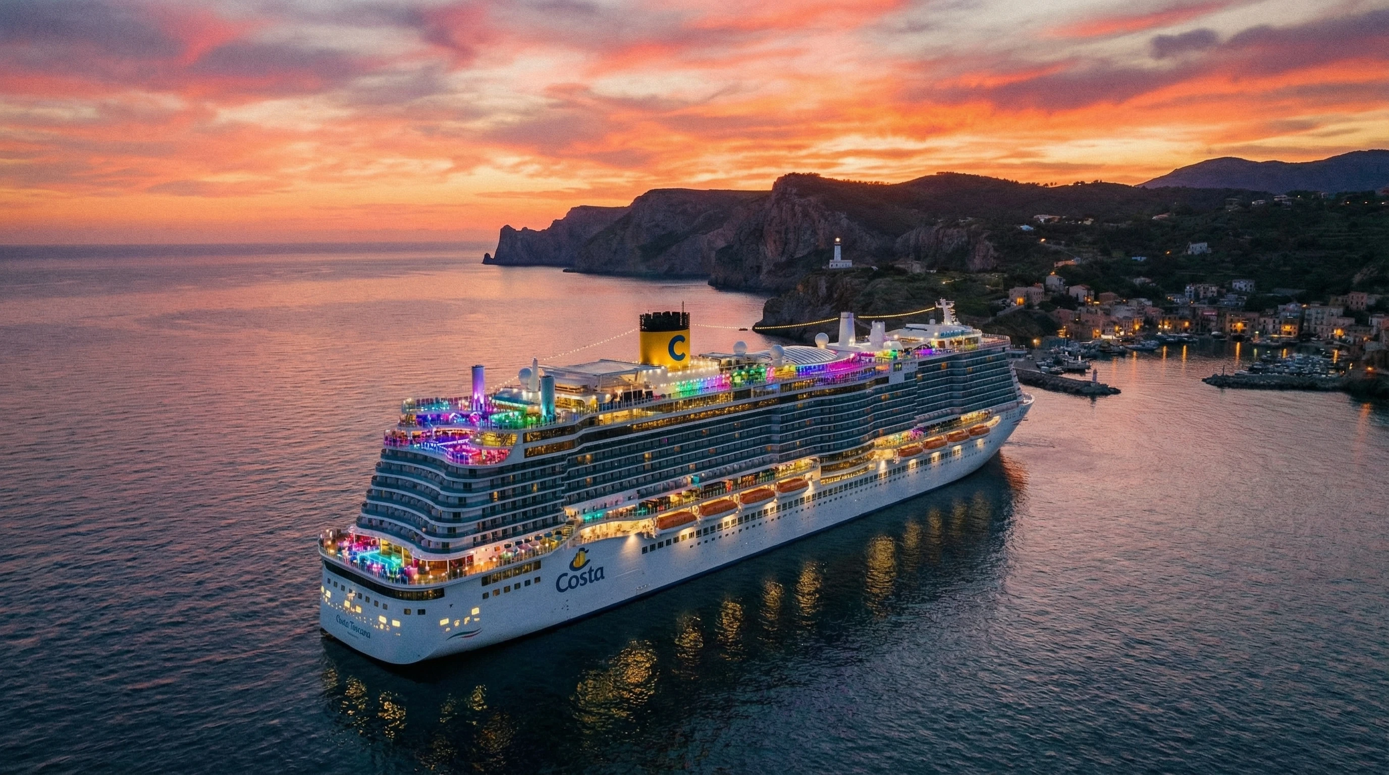 Costa Cruises promotion video scene with ship at sunset and colorful lights