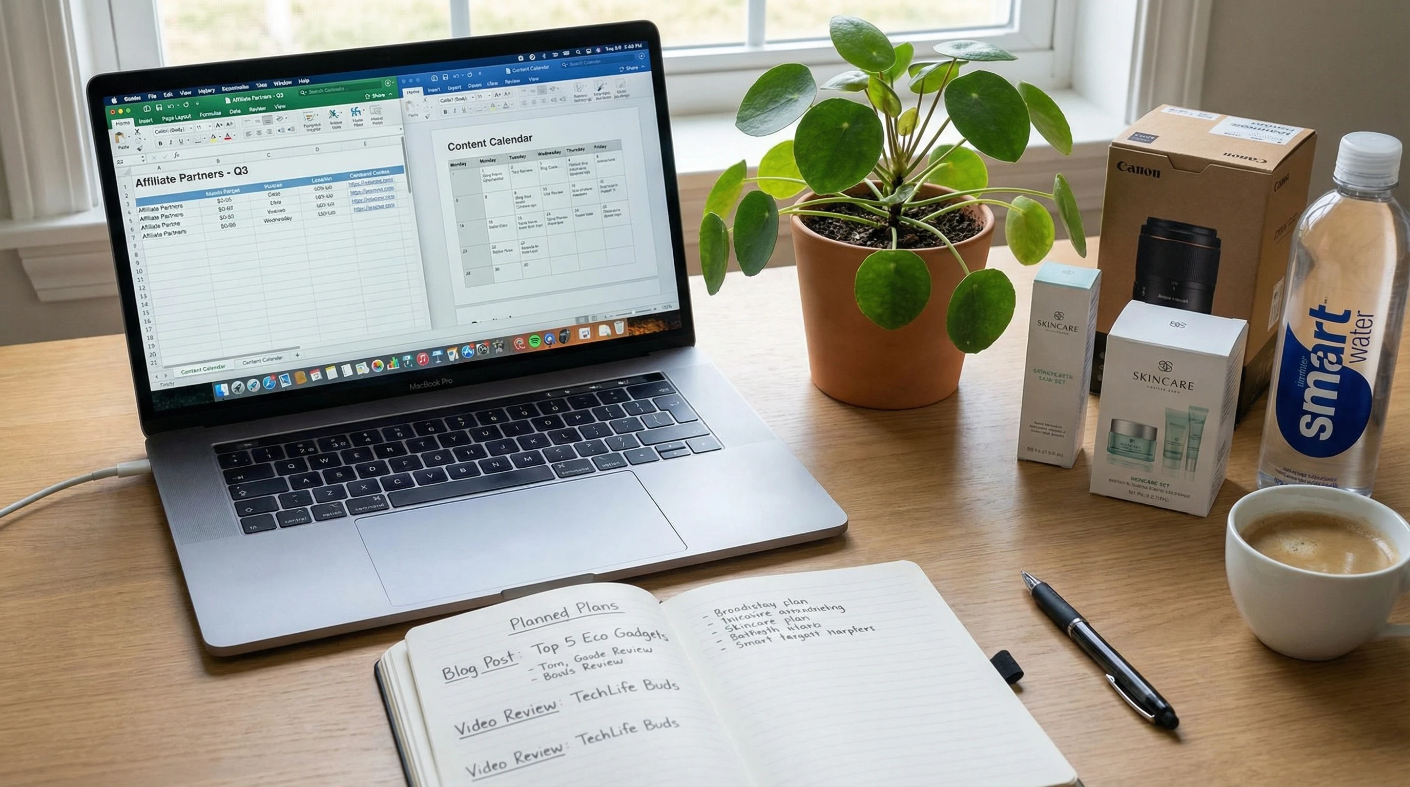 A neatly arranged desktop with a laptop, notepad, plant, and several product packages, representing choosing affiliate products and content planning.
