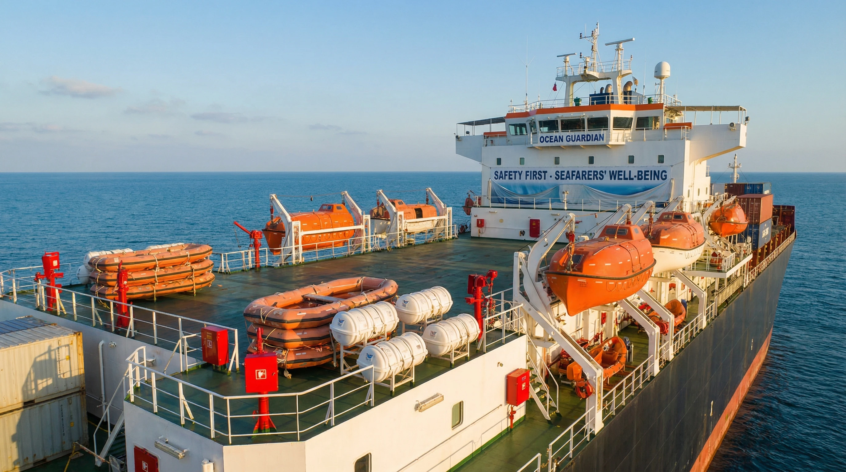 View of a large cargo ship at sea, with safety equipment such as life rafts and lifeboats visible on deck. The ocean is calm and the sky is clear, emphasizing the importance of safety preparedness for seafarers.