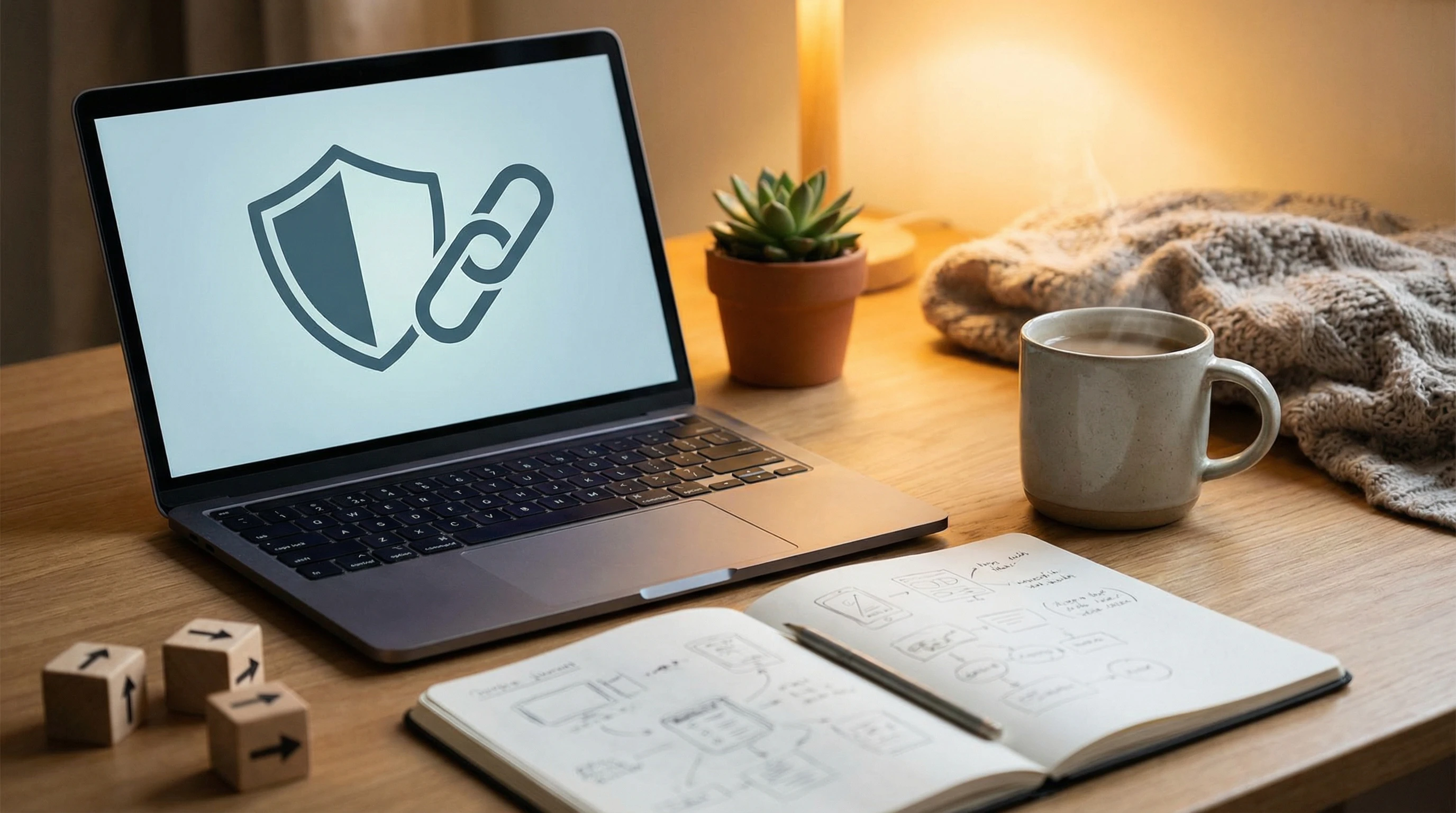 an inviting workspace with a laptop, coffee mug, and notepad, with a background suggesting online marketing and trust building