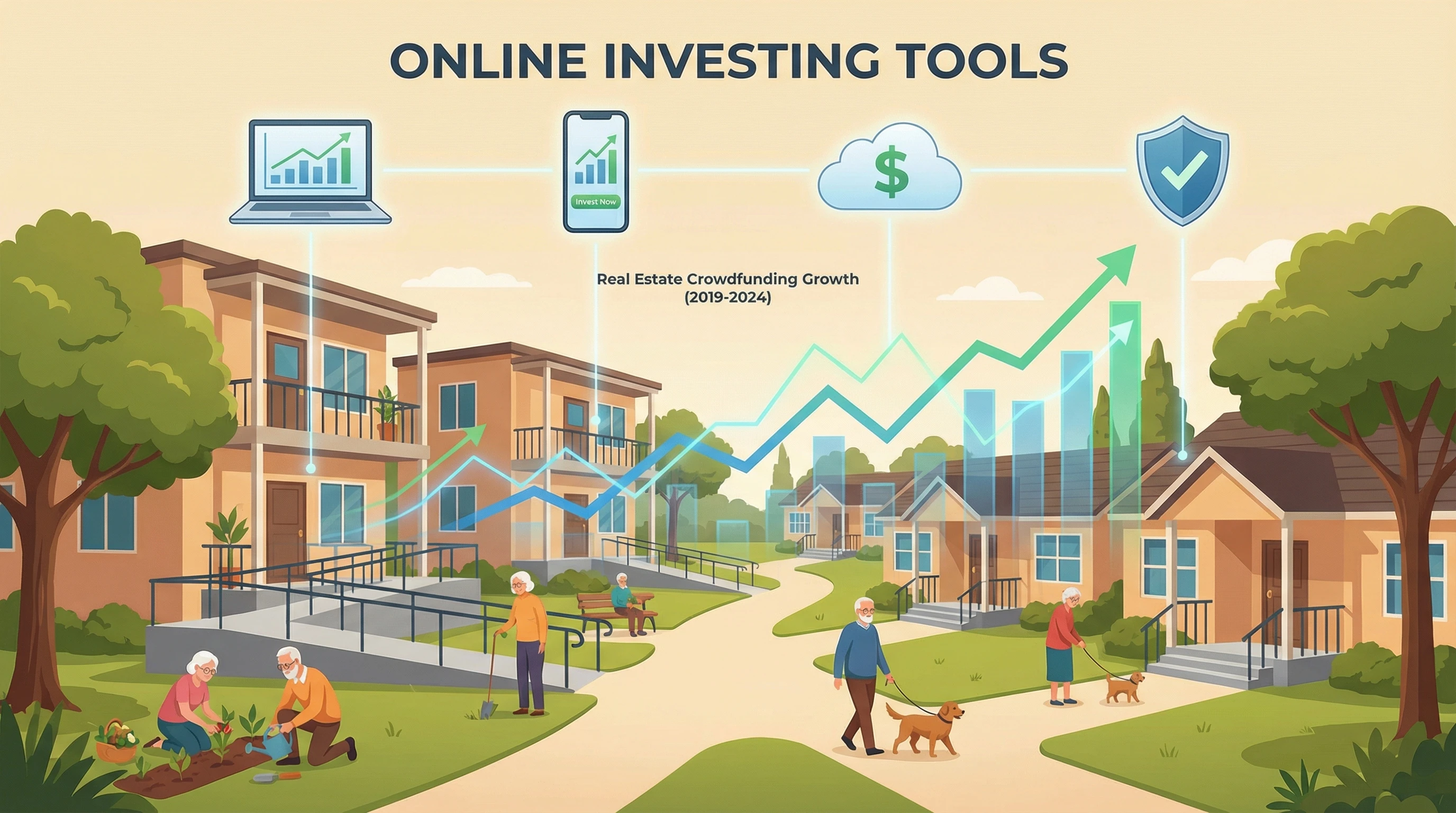 A collection of residential properties, with charts showing crowdfunding trends.