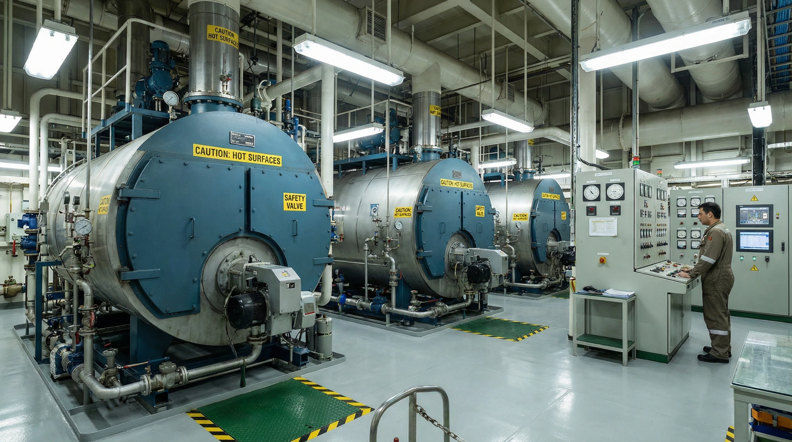 Photorealistic image of a large marine boiler room inside a cargo ship, showing multiple steel boilers, pipes, valves, safety markings, and control panels. Bright and clean industrial setting with blue and grey tones.