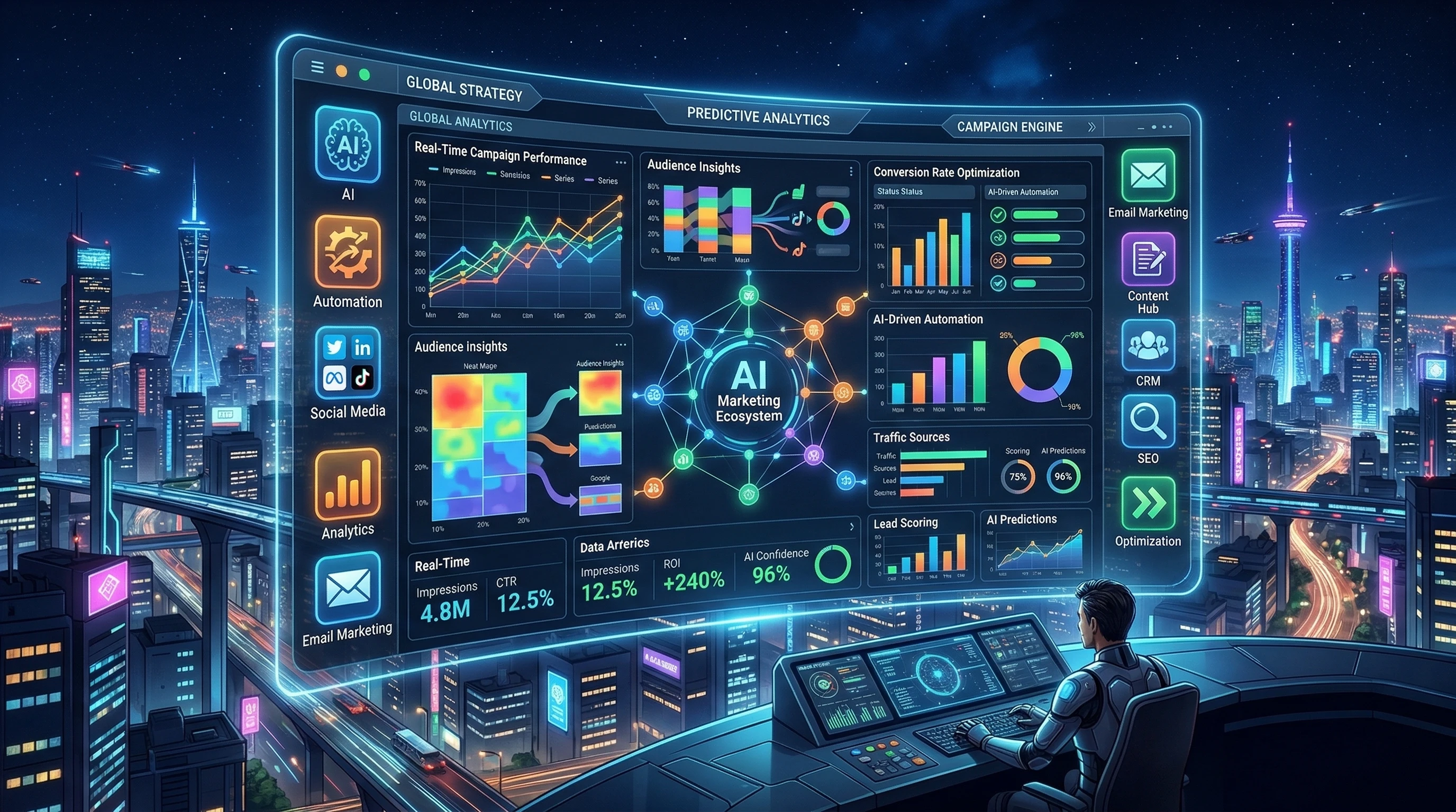 A futuristic dashboard of AI-driven marketing automation tools, with interconnected graphs, app icons, and a glowing city skyline in the background