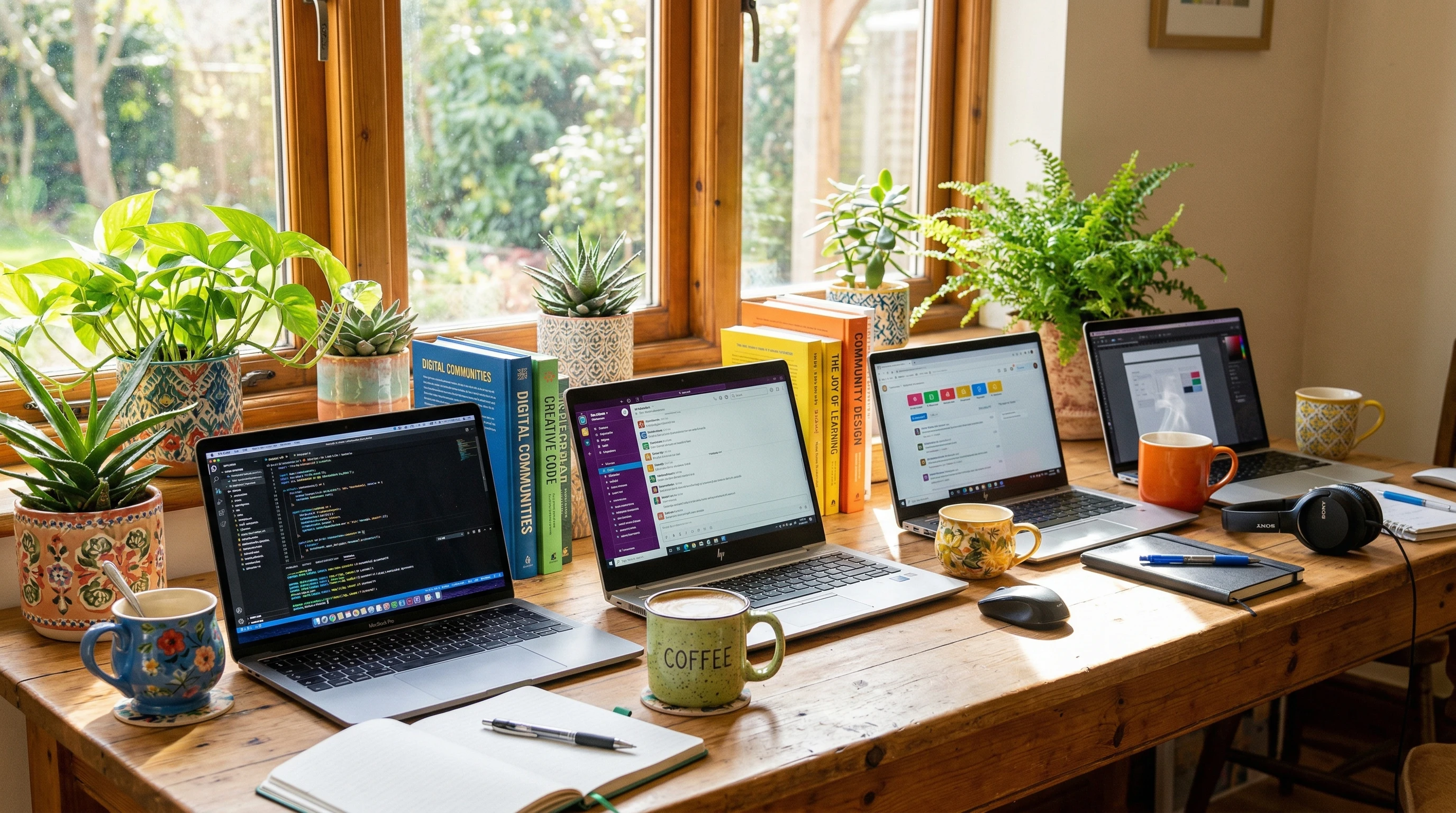An inviting, colorful digital community space featuring laptops, books, coffee mugs, and potted plants on a bright wooden table. Sunny window in background. Smiling emojis and speech bubbles floating nearby.