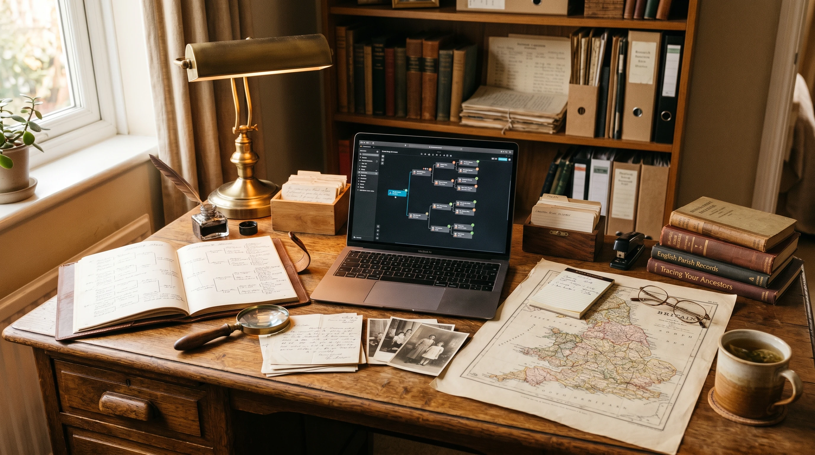 An organized workspace with vintage family records, magnifying glass, maps, and a glowing laptop showing a digital family tree. A steaming cup of tea sits beside piles of handwritten letters and old photos, creating a cozy research setting.