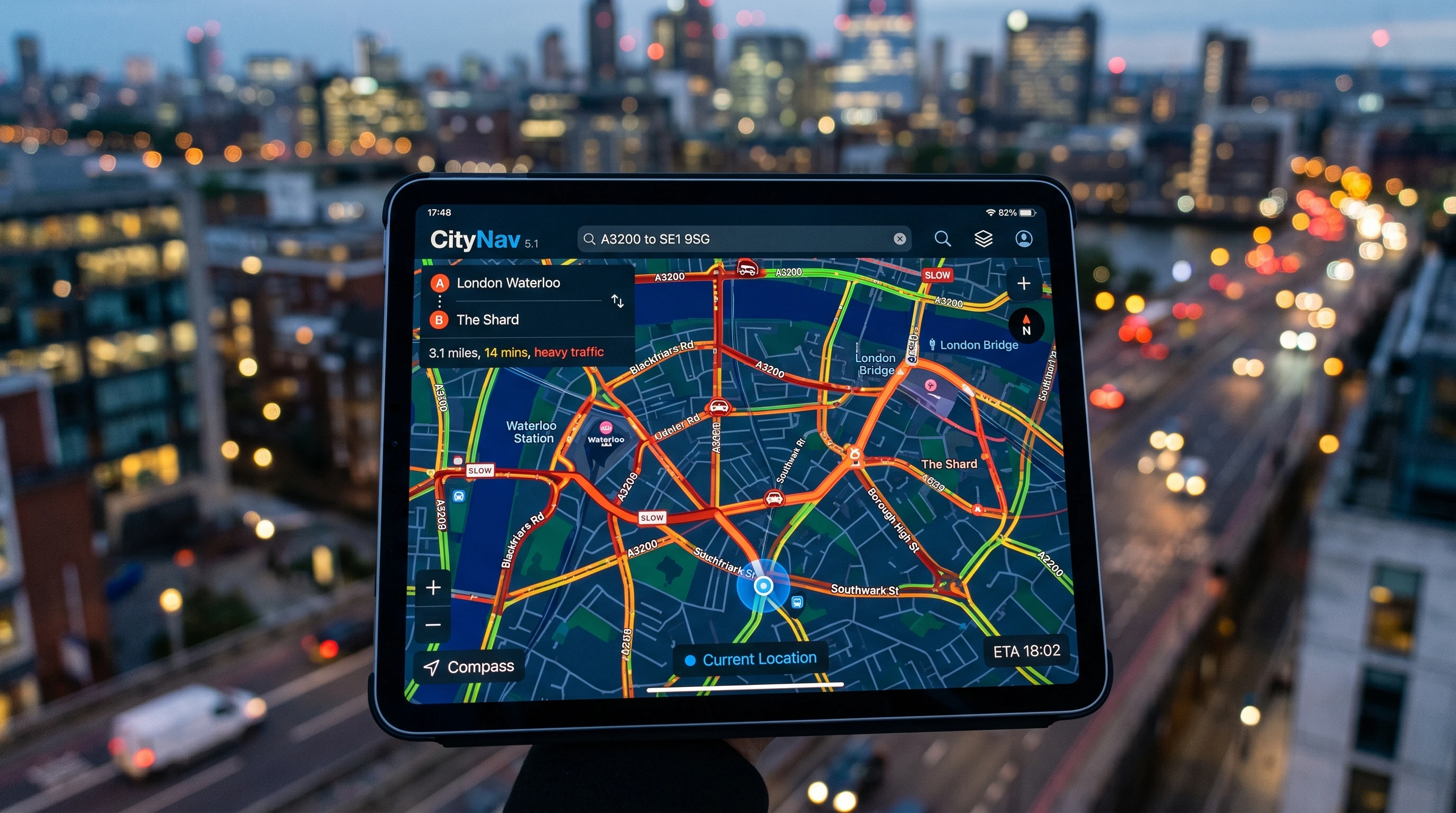 Cloud-based navigation map interface on tablet device, with routes highlighted on a digital map.