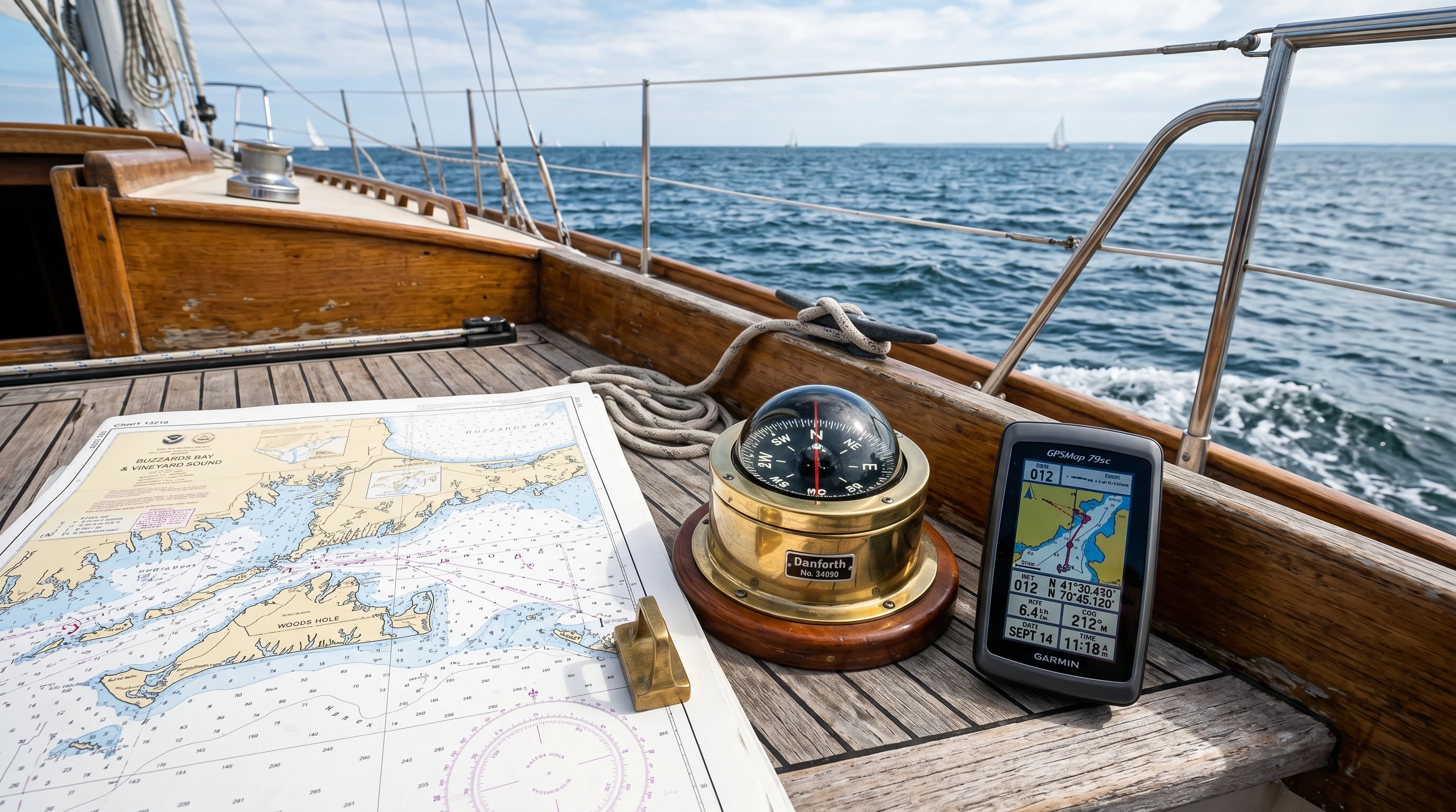 A detailed sailboat navigation chart with a traditional compass and a modern GPS device displayed side by side on a wooden deck. The sea and horizon are visible in the background.