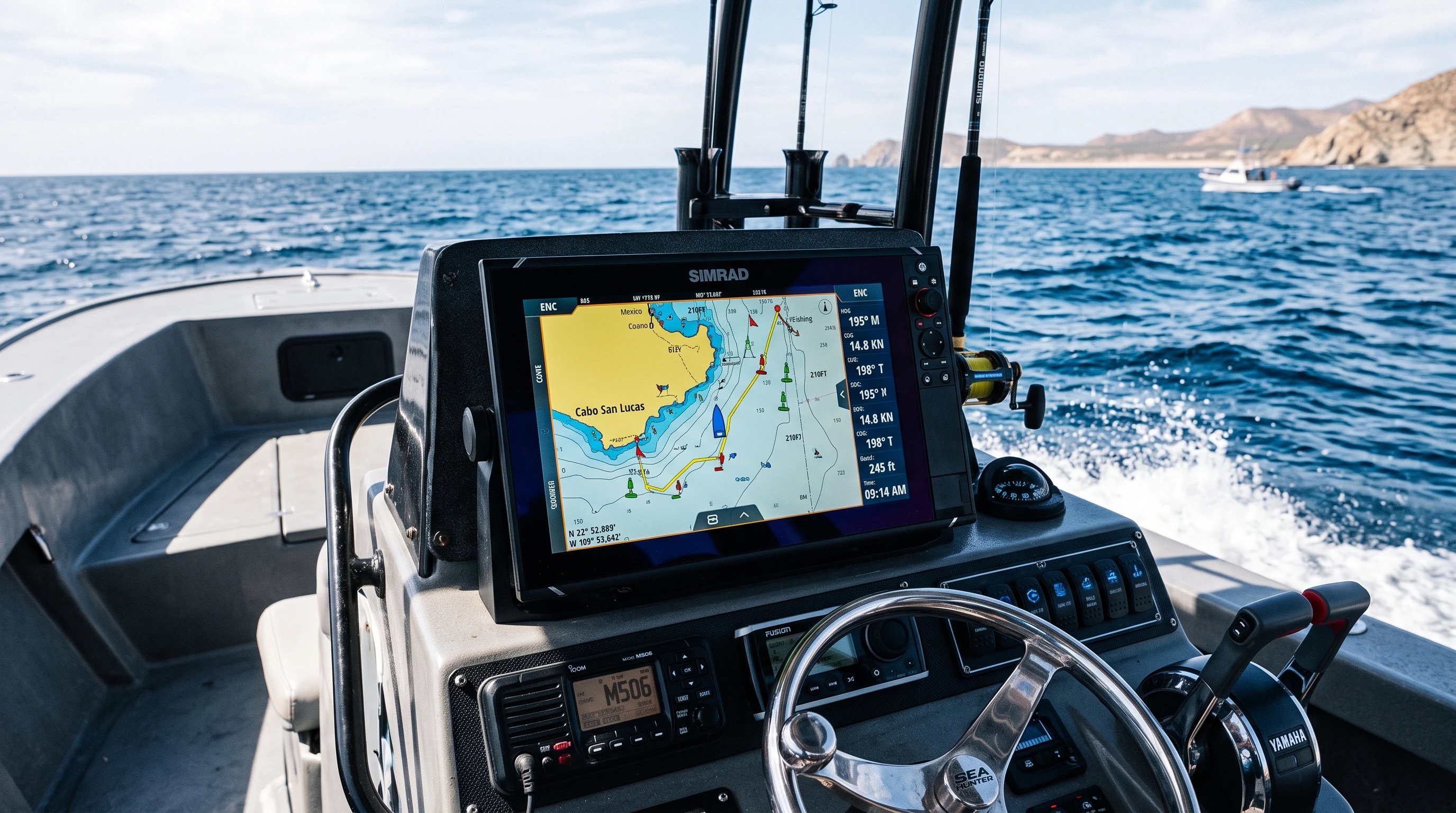 A modern marine GPS mounted on the console of an offshore fishing boat, with digital charts and ocean in the background.