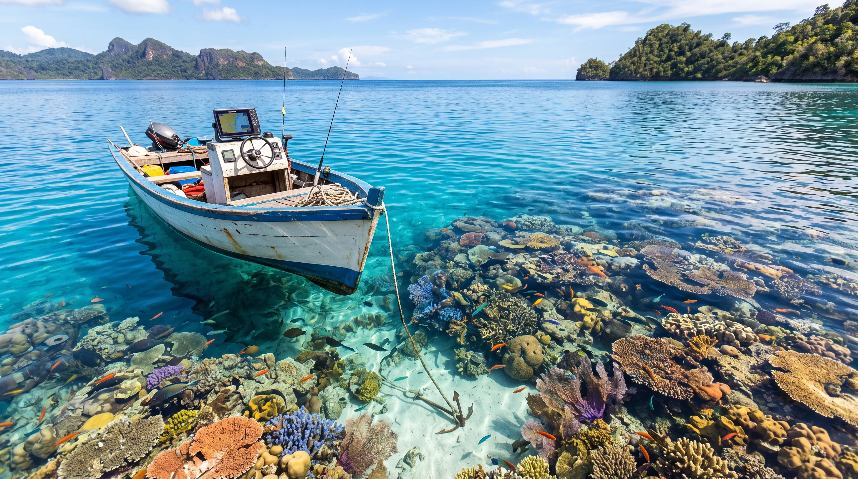 Small boat using GPS device to locate a coral reef near the surface of clear blue water