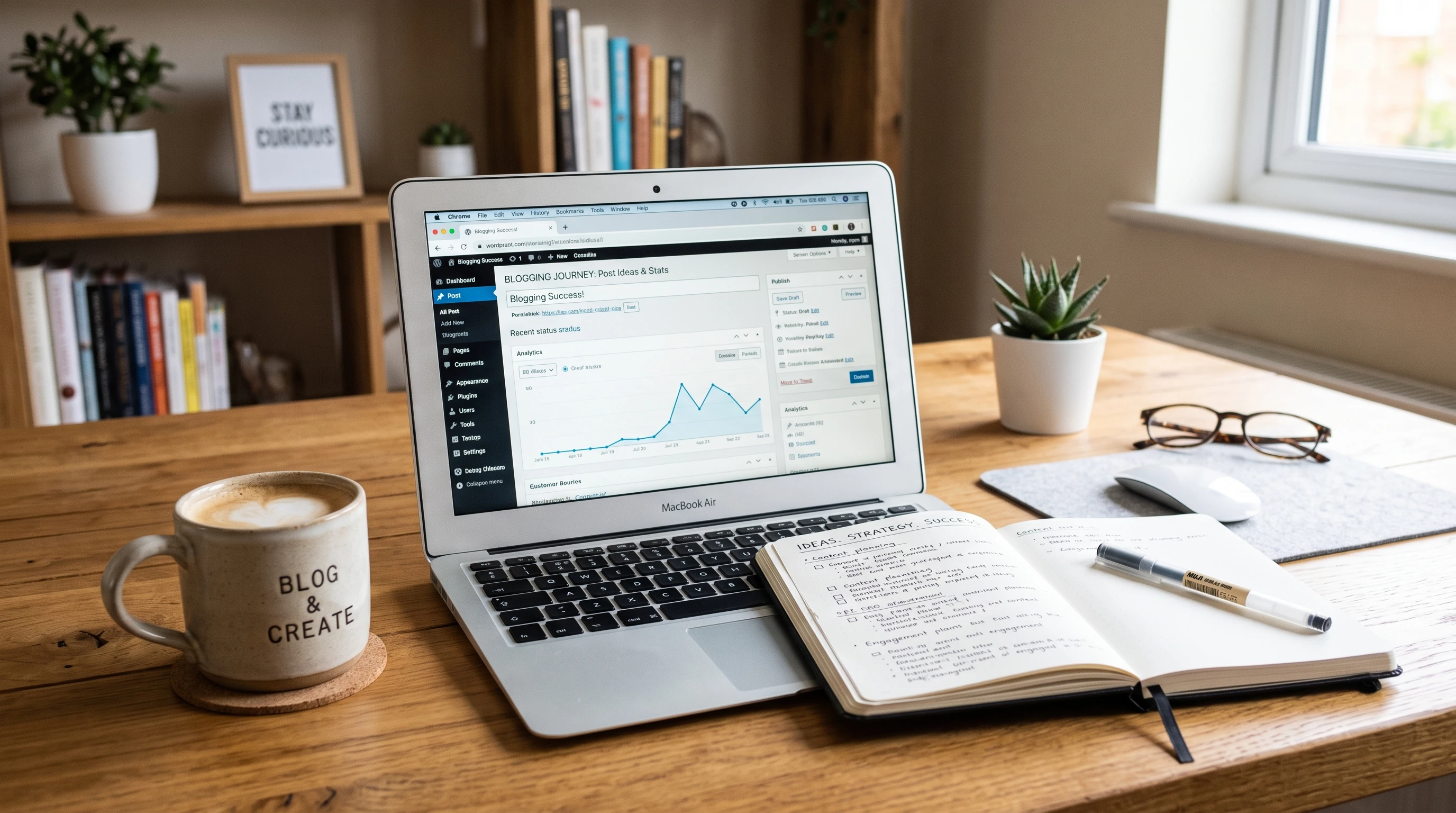 Modern workspace with open laptop, coffee, and notes on a warm neutral background, symbolizing online blogging for profit.