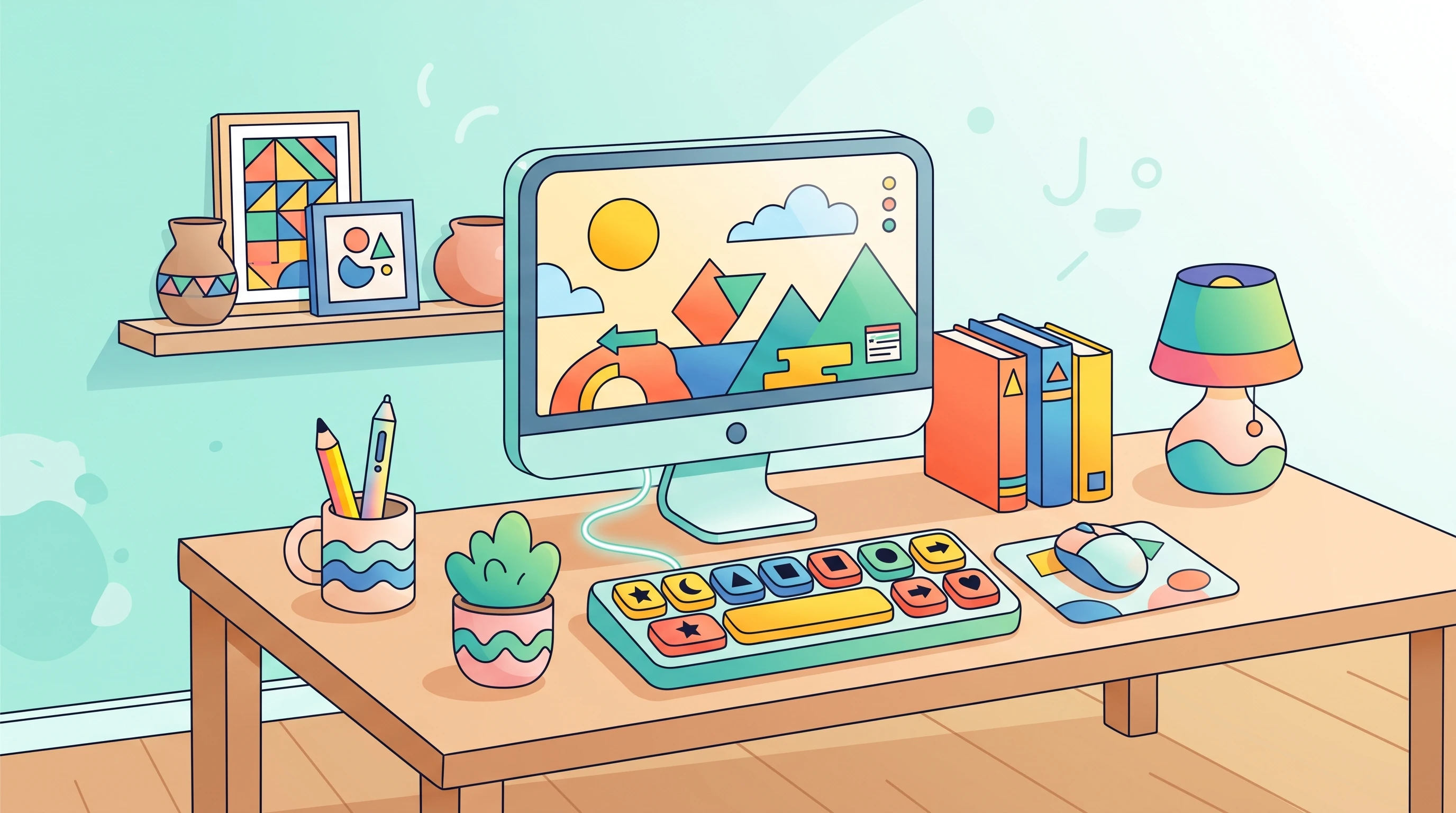 A simplified graphic design workspace showing a computer with large color buttons, basic design shapes, and playful icons on a clean background.
