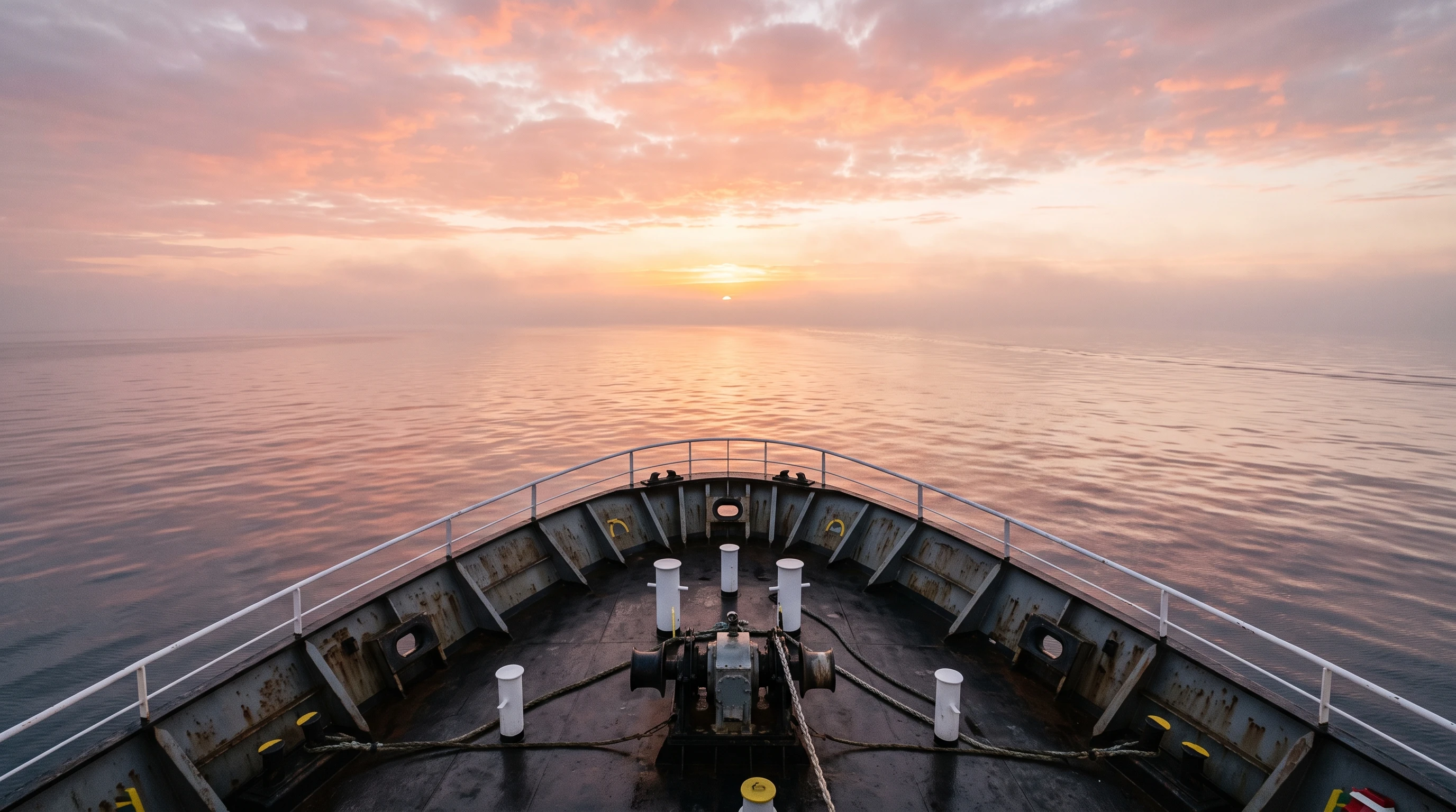 Calm ocean view from the bow of a ship at sunrise, reflecting a peaceful moment for seafarers