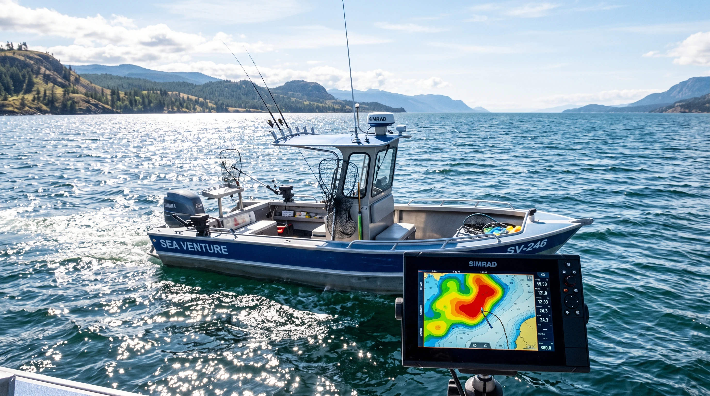 A fishing boat equipped with a GPS tracker and tablet displaying a colorful heatmap over water, sunlight glinting off the waves