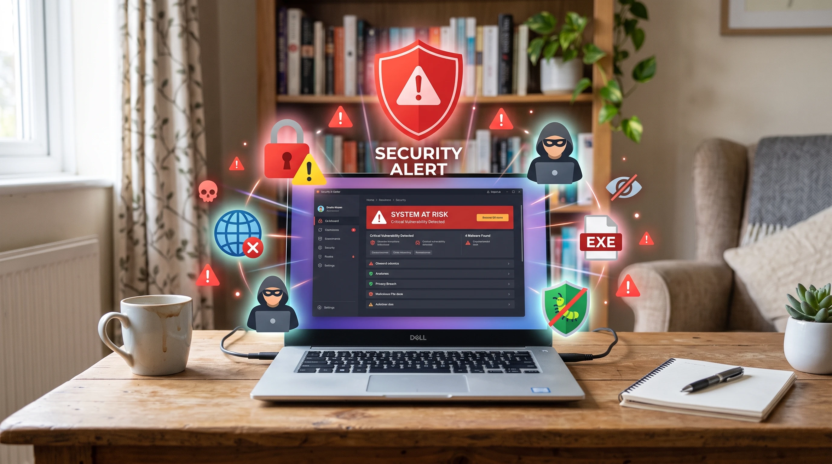 A laptop surrounded by security icons and warning symbols, with a simple home environment in the background