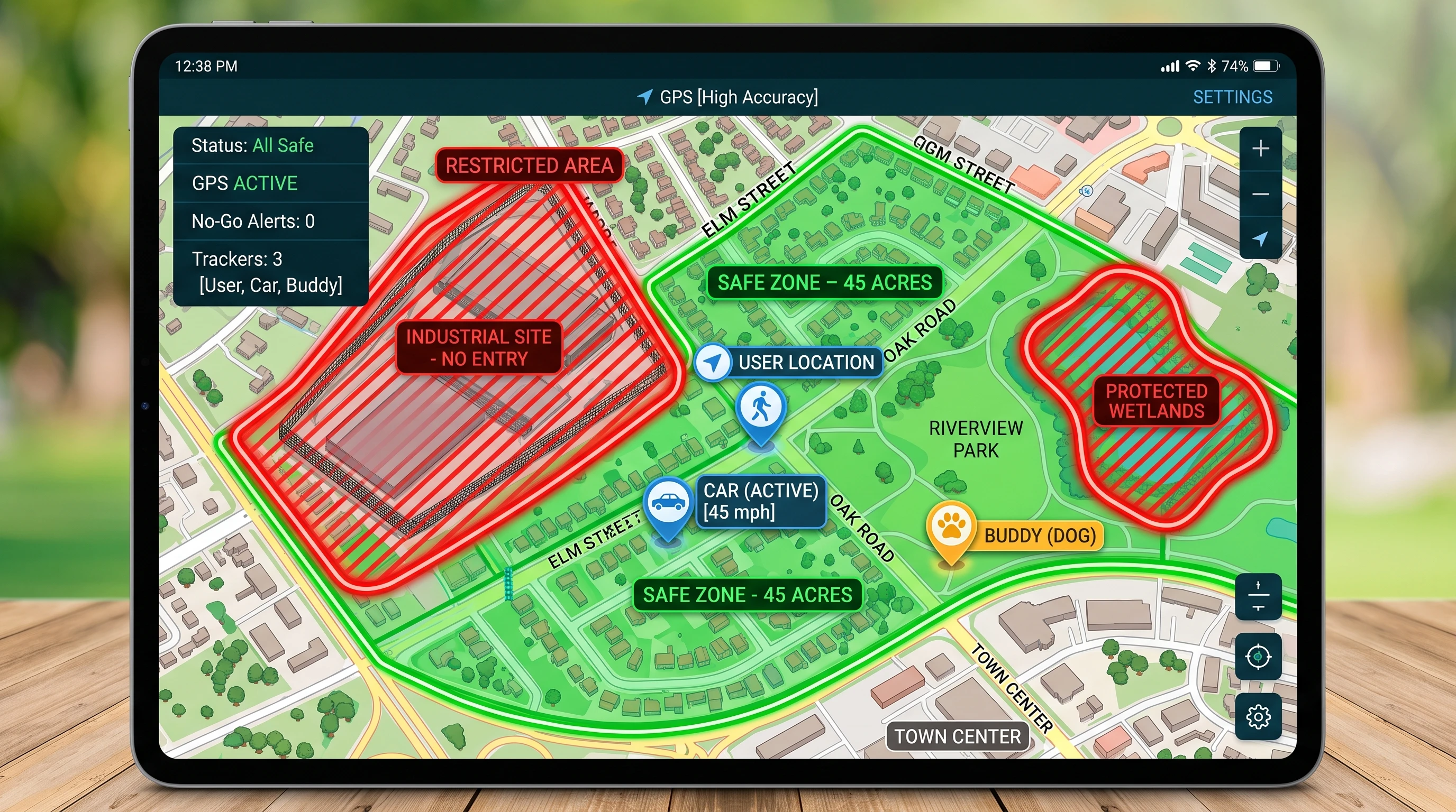 A digital map showing GPS no-go zones and safe boundaries marked by lines and colored areas, with small location pins and icons for vehicles and pets.