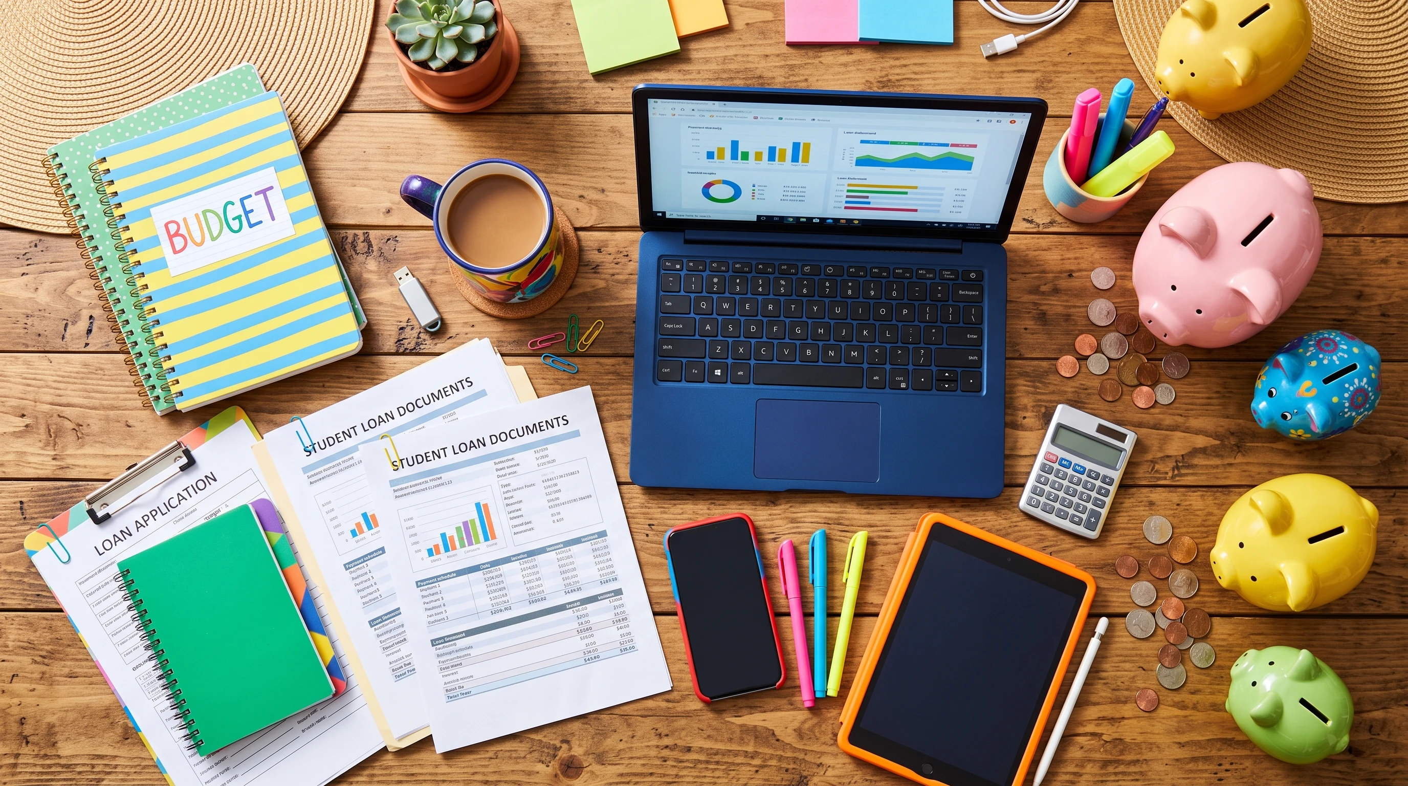 Colorful desk flatlay showing a laptop, a notebook labeled 'budget', and a coffee cup amid various dollar bills and piggybanks.