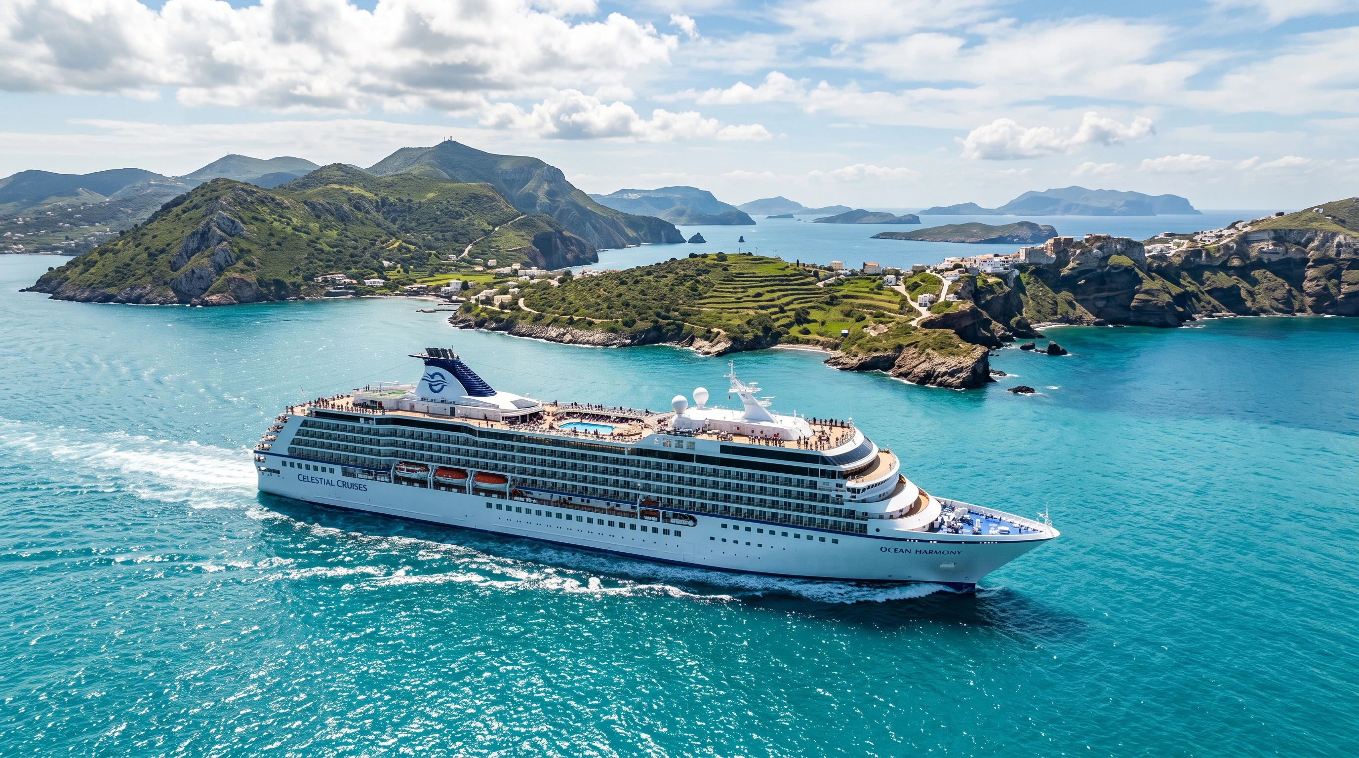 A modern cruise ship sailing through turquoise waters with scenic islands in the background.