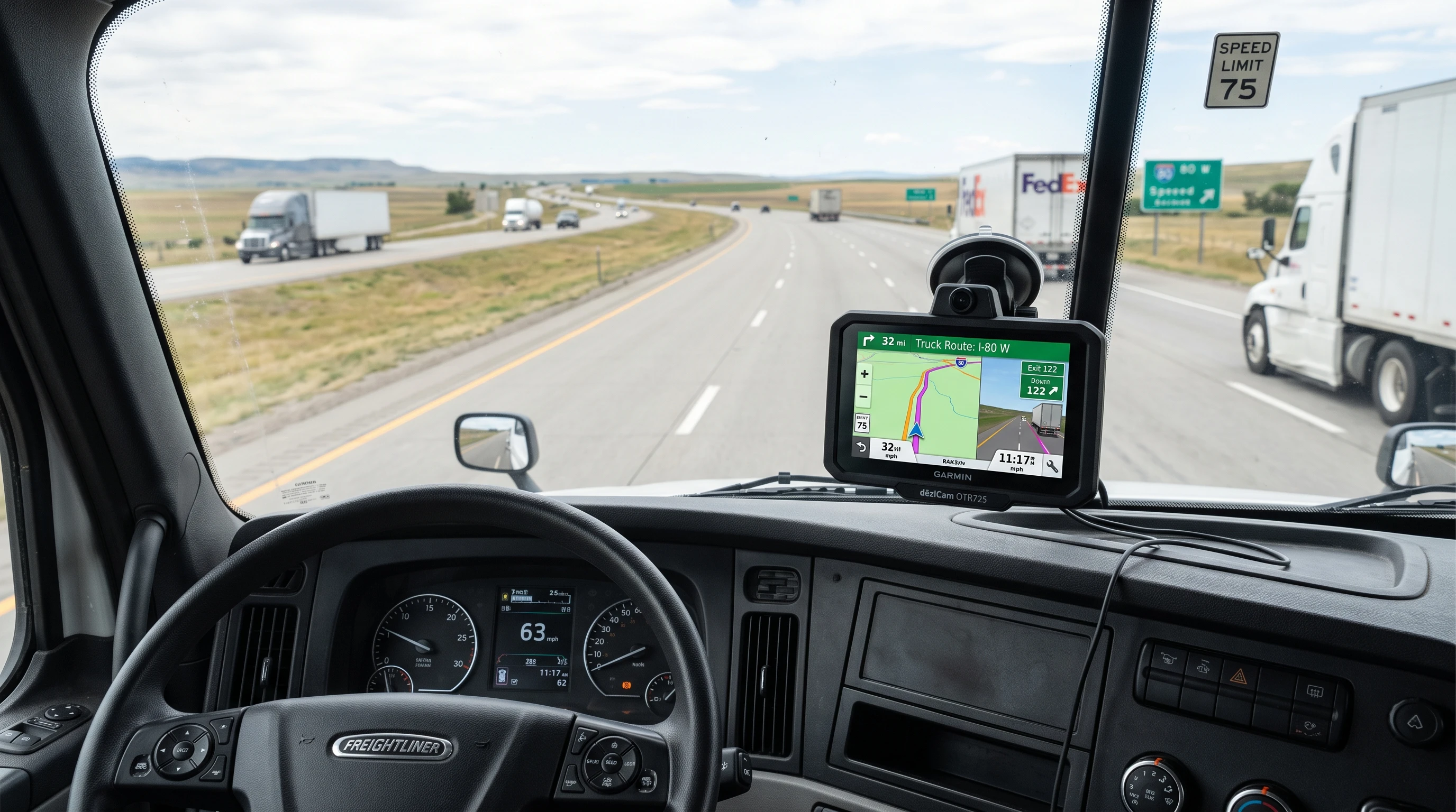 Garmin dezlCam OTR725 GPS truck navigator and dash cam on truck dashboard