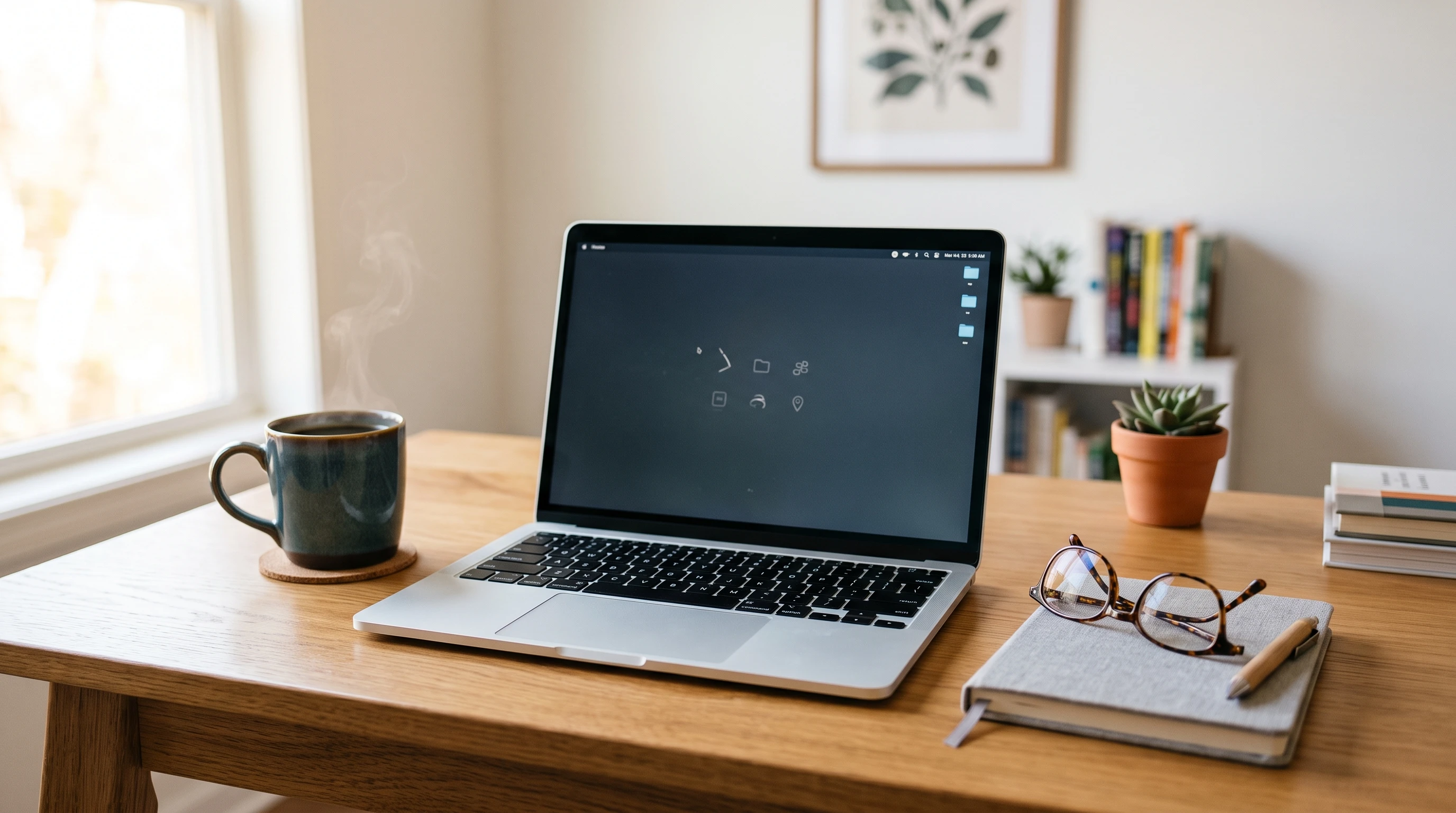 Silver laptop on a neat wooden desk with simple accessories