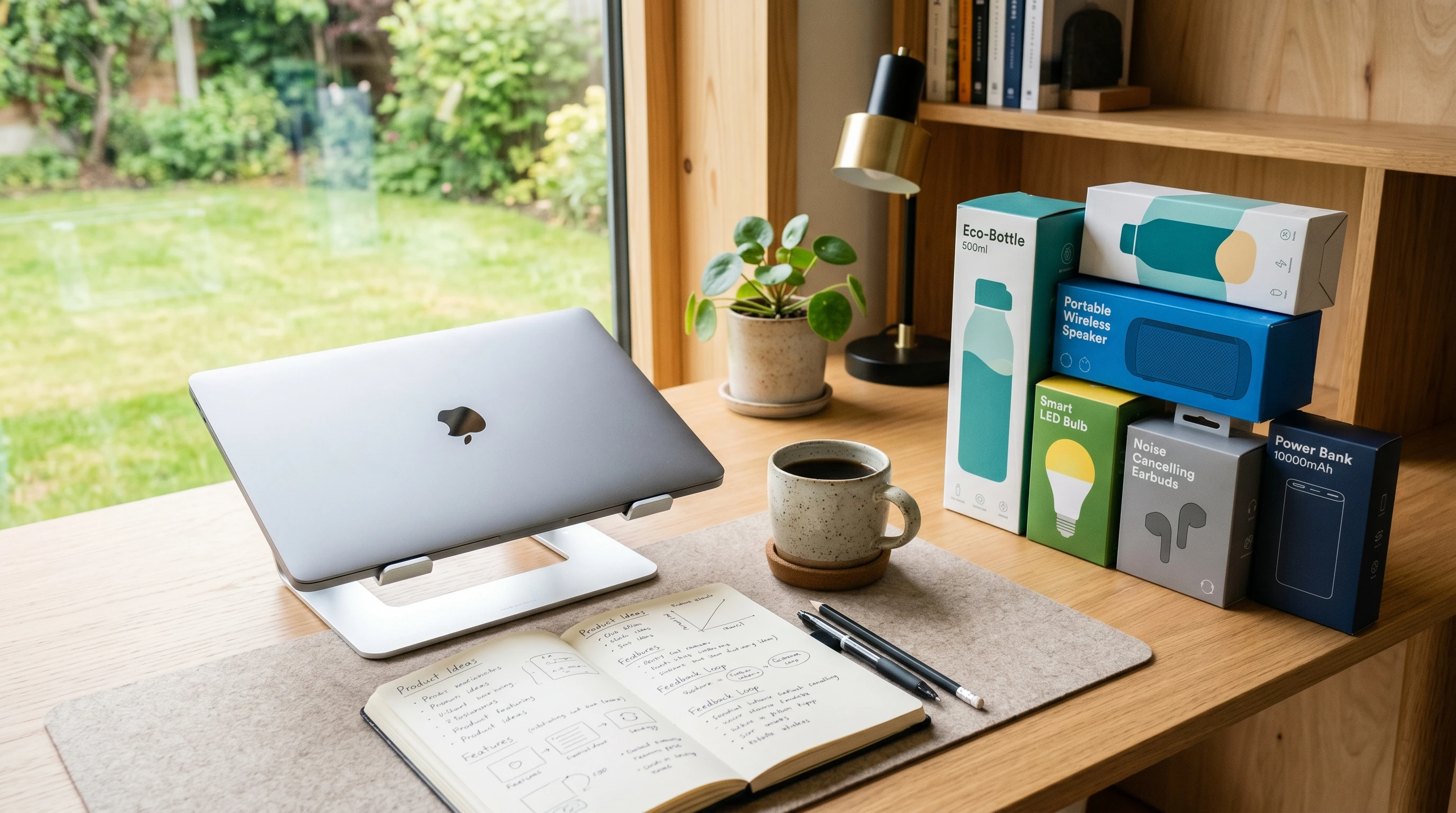 An organized workspace with a laptop, notebook, coffee cup, and product boxes in natural light. A product review workflow in progress.