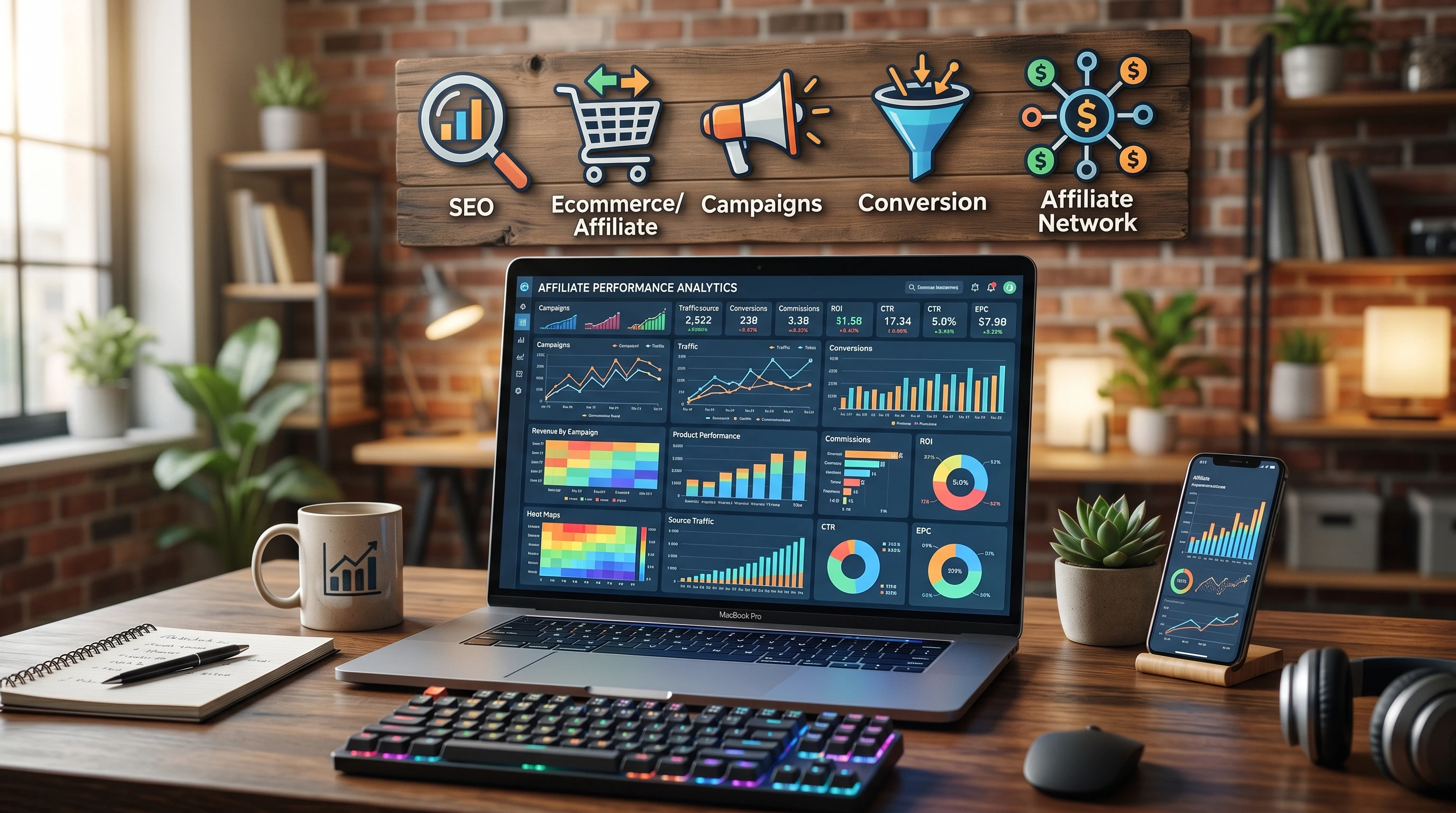 A laptop showing data analytics on affiliate marketing performance, surrounded by digital marketing icons