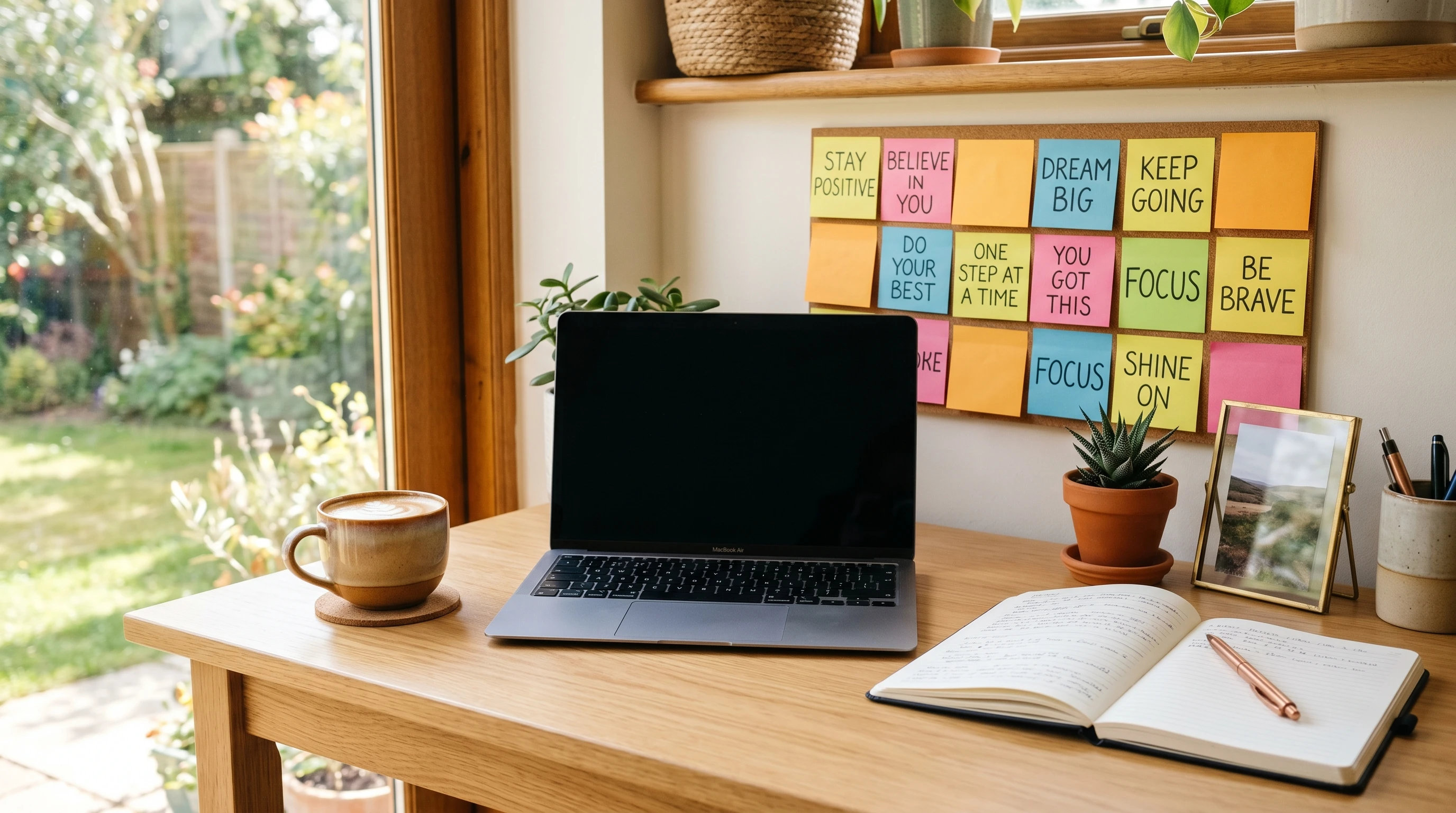 A bright desk with a laptop, a notebook, a coffee mug, and motivational sticky notes--no people, just an inviting workspace.