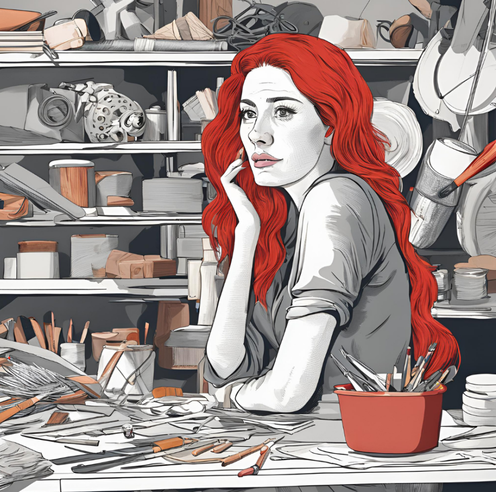 Red haired woman in a room full of unfinished craft projects