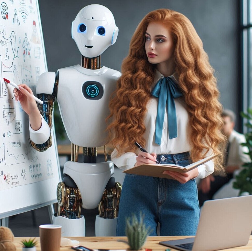 strawberry blonde woman with AI assistant robot and whiteboard