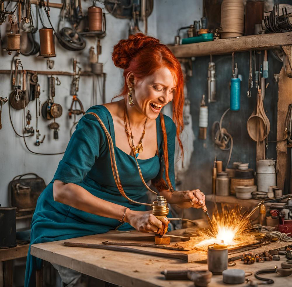 red haired woman soldering jewellery on table AI created