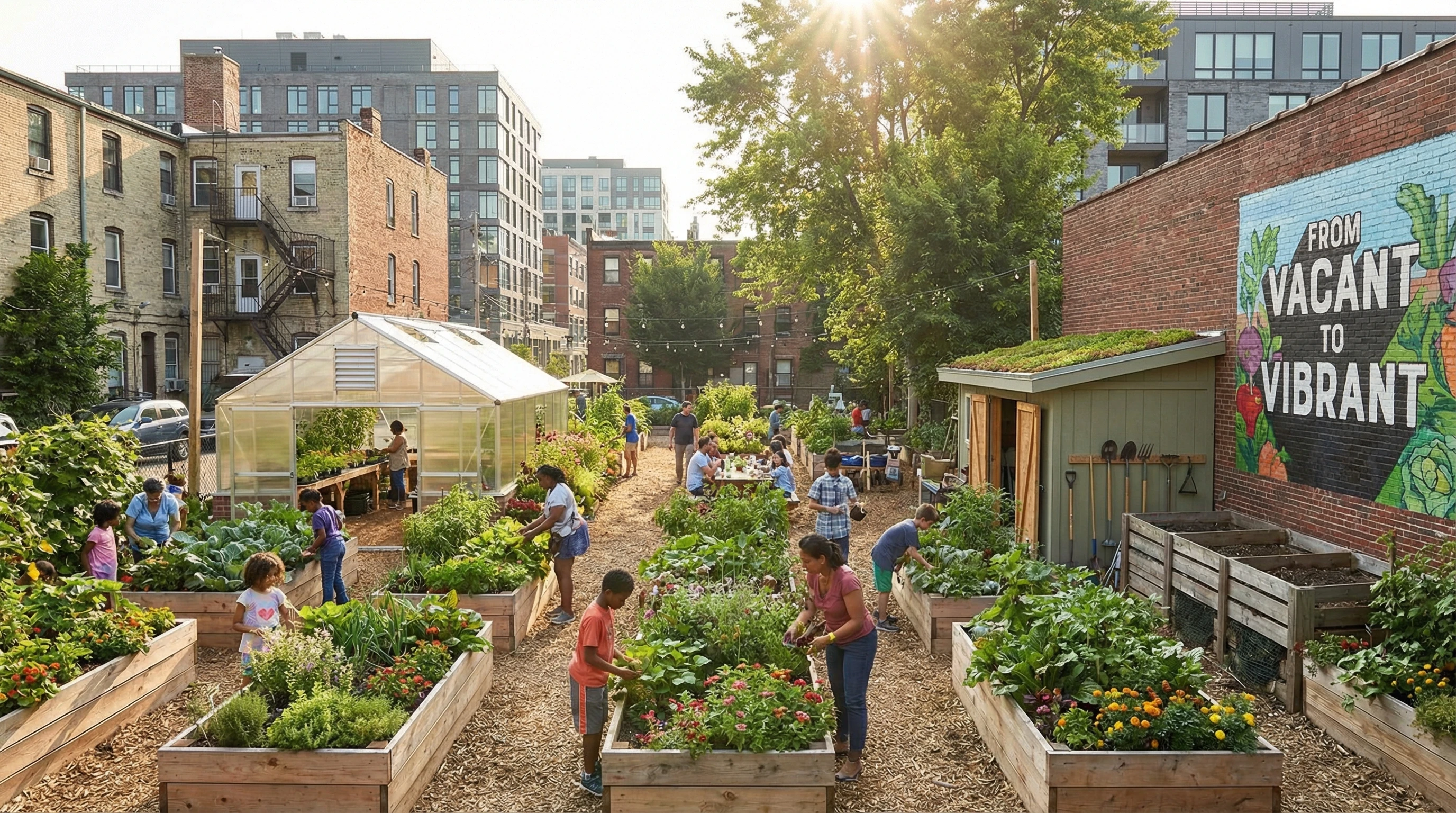 Community garden transforming a vacant lot with raised beds, flowers, and vegetables