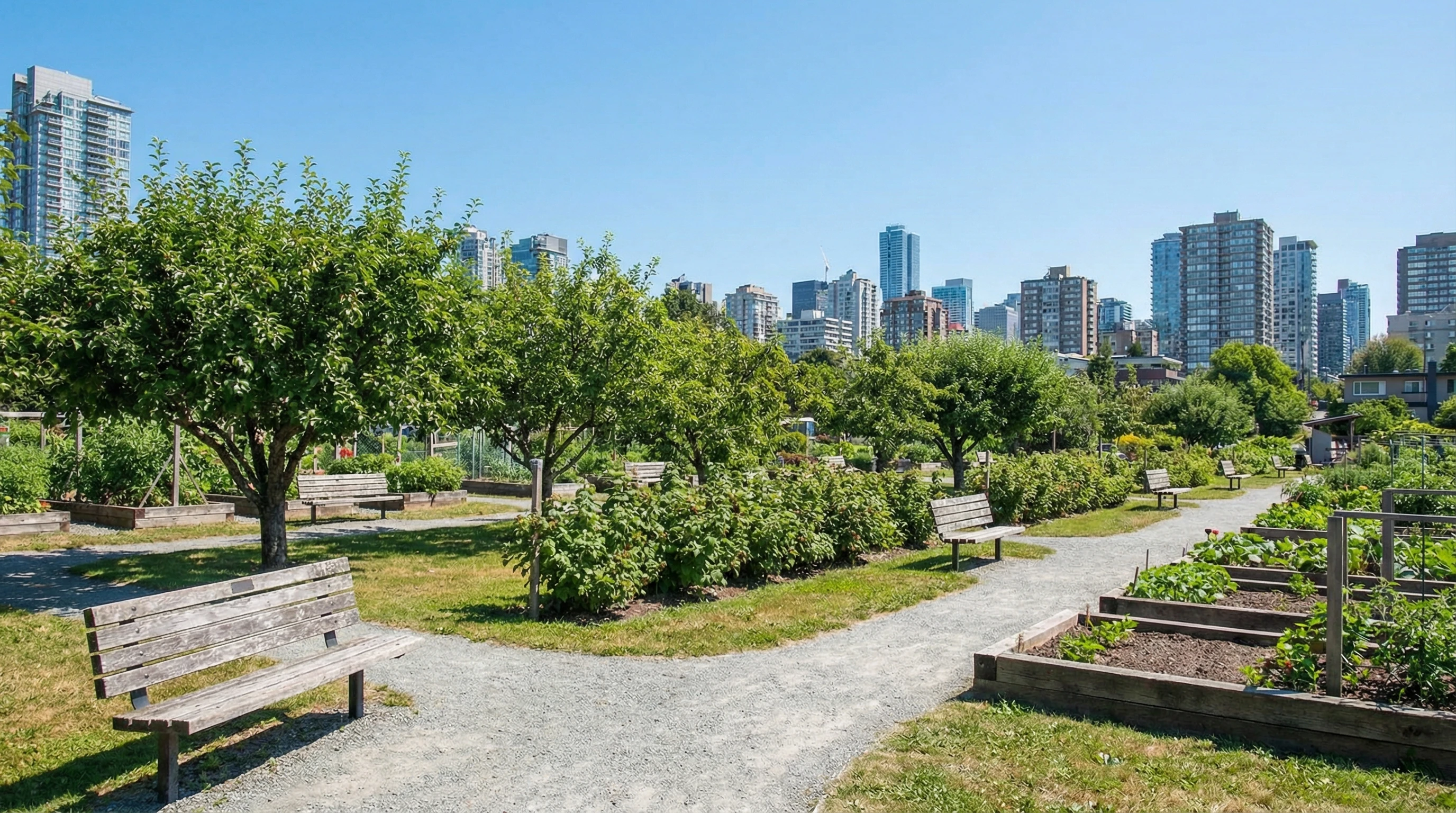 A lush edible park with fruit trees and vegetable beds bordering a city sidewalk, benches nearby, and skyline in the background.