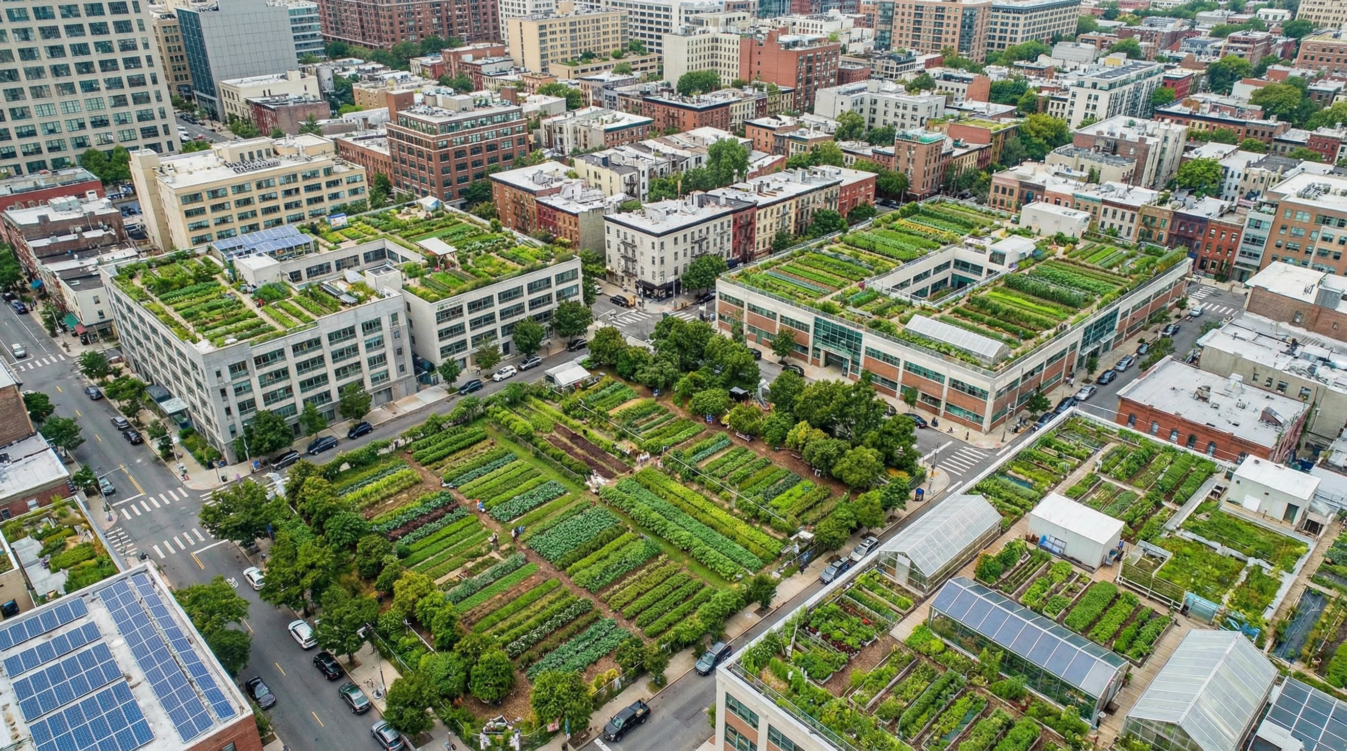 An aerial view of a city with green community gardens, rooftop farms, and lush urban plots interspersed among concrete buildings. Wide rows of vegetables and cover crops show how these green spaces break up heat-absorbing pavement.
