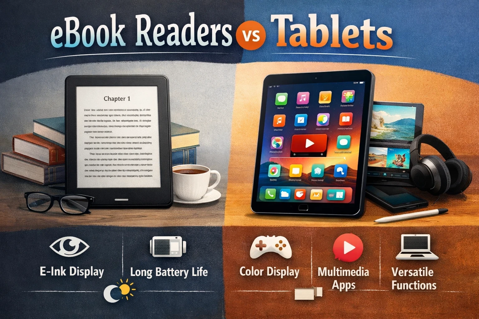eBook readers vs tablets comparison graphic showing an e ink ebook reader with books and coffee versus a tablet with apps, video and headphones, highlighting battery life, color display and multimedia features