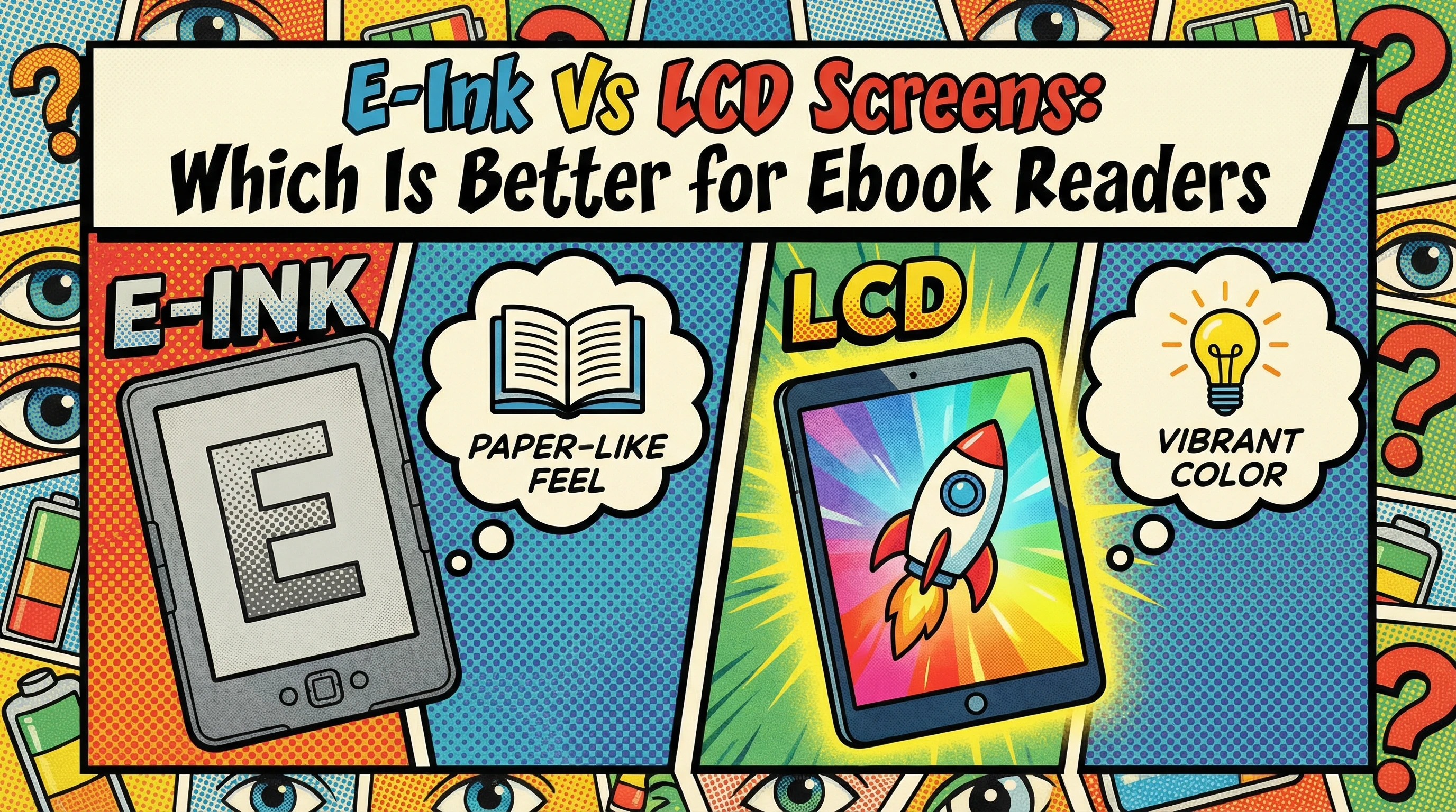Pop-art style banner comparing E-Ink and LCD screens for ebook readers, with an E-Ink device on the left labeled “paper-like feel” and an LCD tablet on the right showing a colorful rocket and labeled “vibrant color,” under the title “E-Ink vs LCD Screens: Which Is Better for Ebook Readers?”.