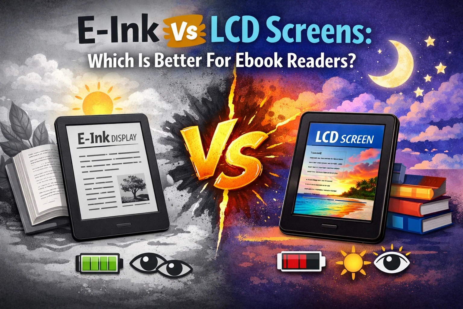 Banner image comparing E-Ink and LCD screens for ebook readers, with an E-Ink device showing black-and-white text on the left and an LCD device with a colorful display on the right, divided by a bold “VS” graphic and the title “E-Ink vs LCD Screens: Which Is Better for Ebook Readers?”.