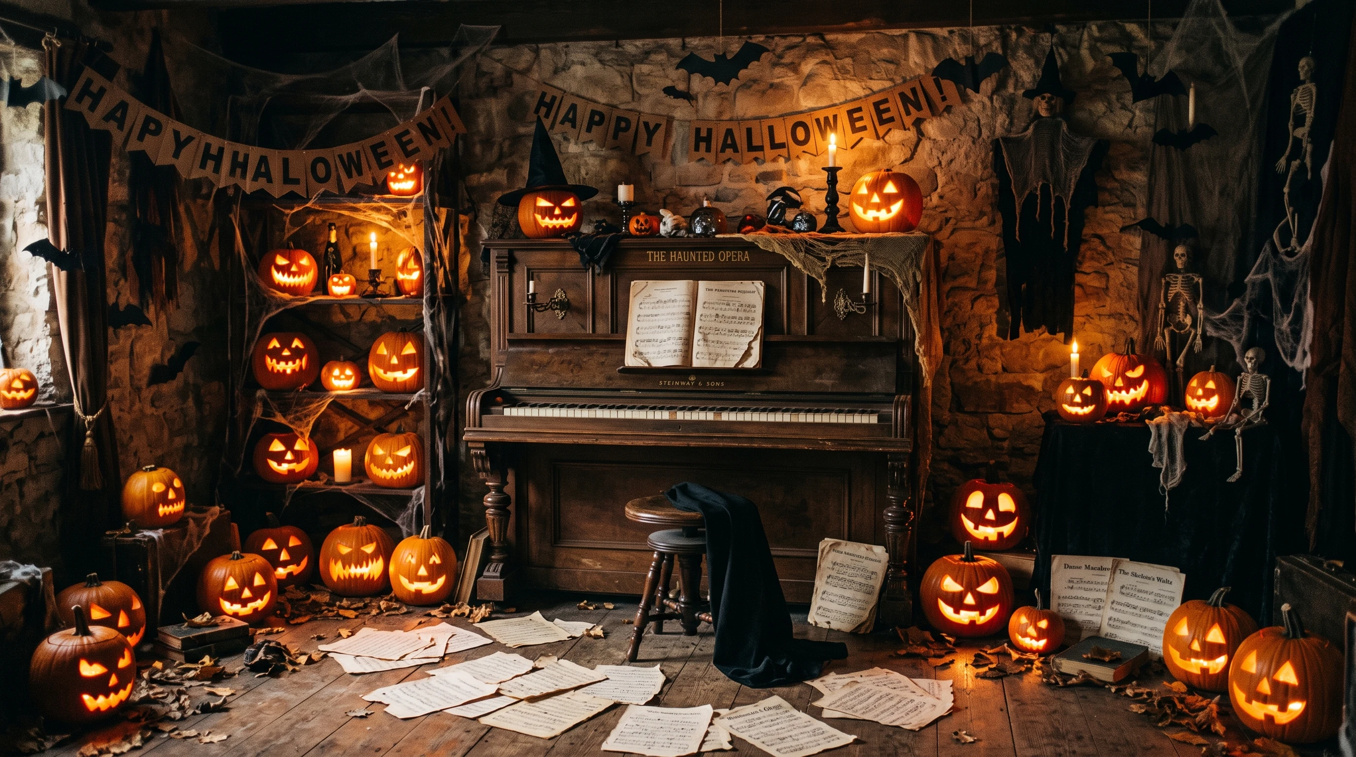 A spooky piano in a dim, pumpkin-lit room with sheet music, bats, and Halloween decorations.