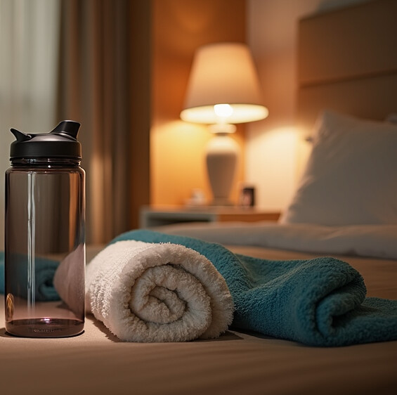 hotel room HIIT workout gear arranged on a tidy hotel desk next to a water bottle and a neatly made bed