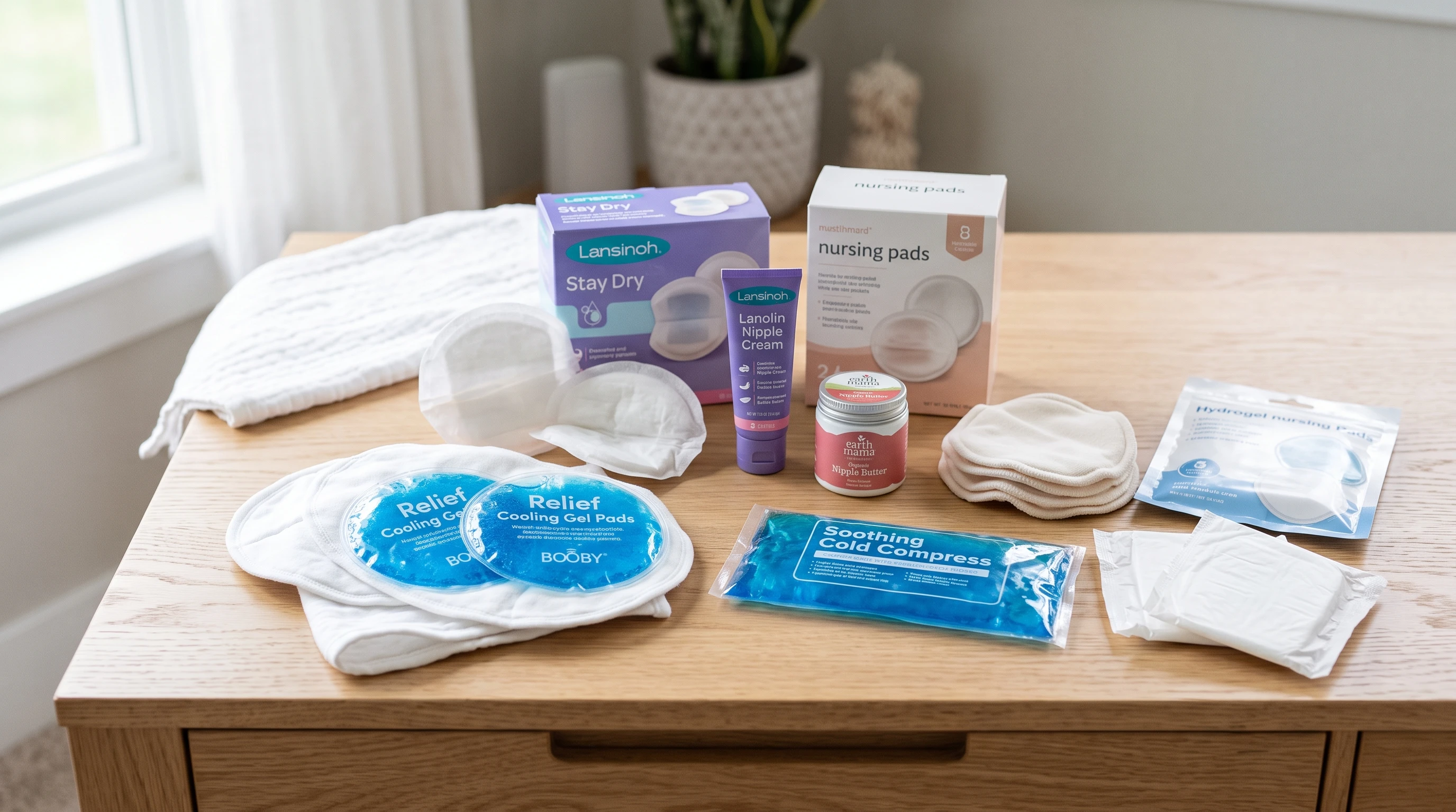 Soothing breastfeeding essentials on table