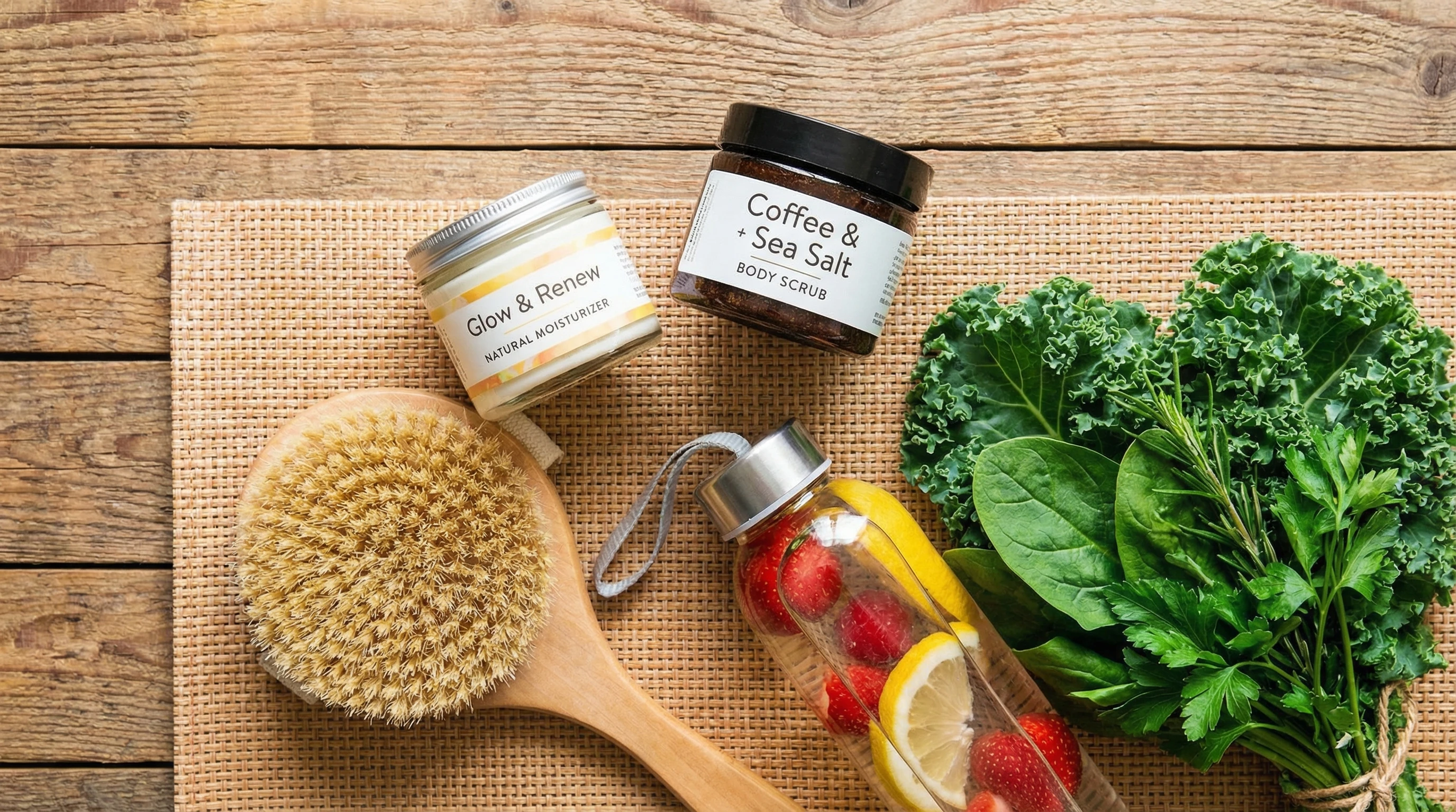 Healthy habits prevent cellulite - fresh foods, water bottle, exercise mat, dry brush on table