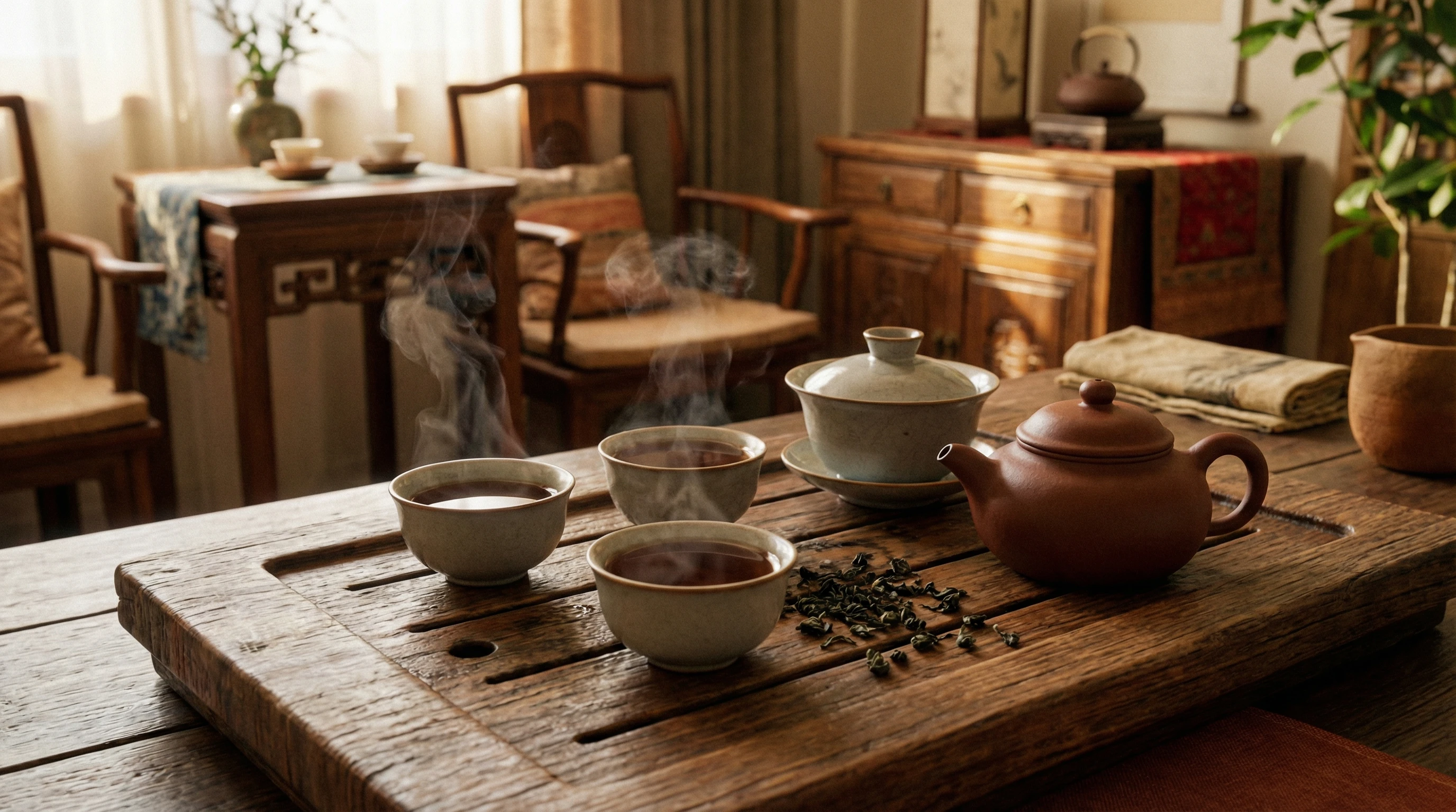 Chinese gongfu tea brewing, showing tea leaves, teapot, and clear cups on a wooden tray.