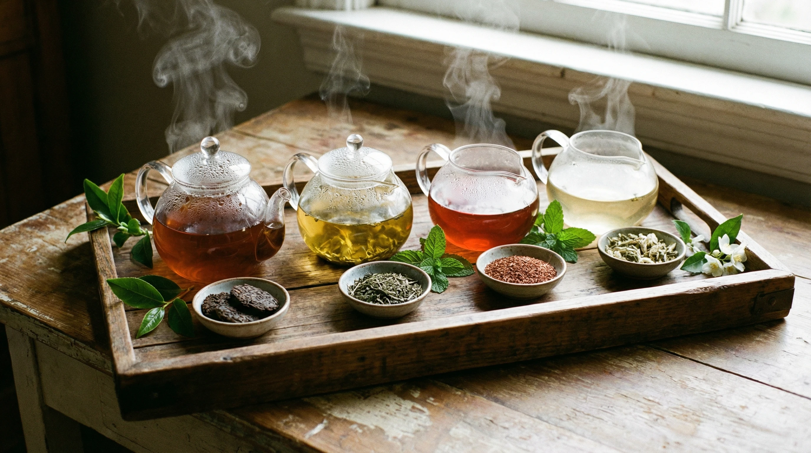 Assorted teas brewing in clear glass teapots at various temperatures on a wooden table next to a thermometer and timer.